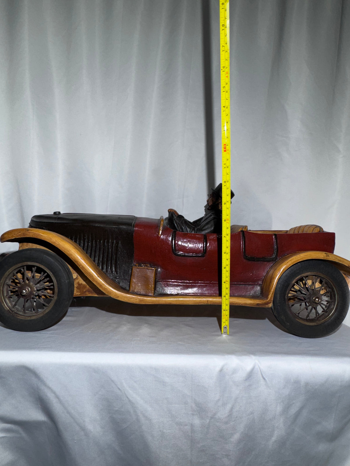 Antique Style 1913 Touring Car Wooden Sculpture Hand Painted Driver Top Hat 26.5” Read