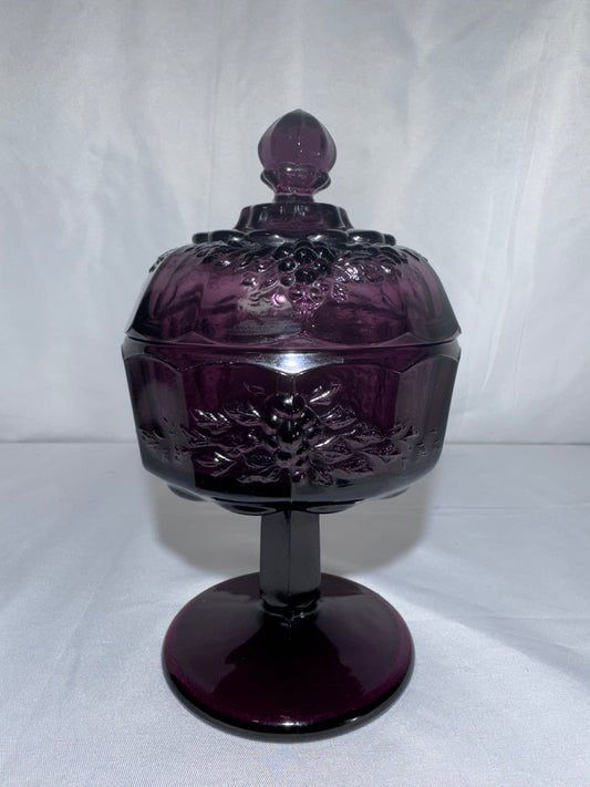 Vintage L.G. Wright Paneled Grape Amethyst Glass Covered Candy Dish / Pedestal Compote 1930’s-1960’s