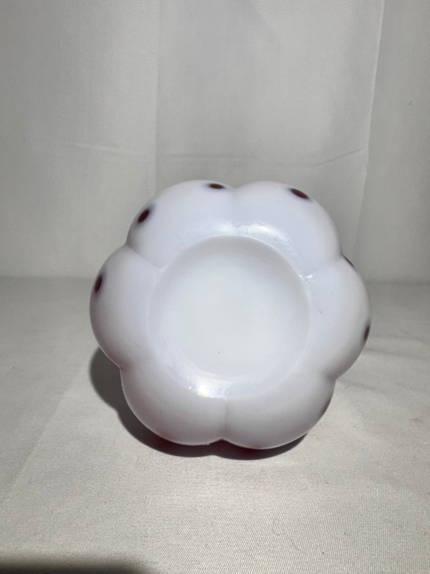 Vintage Barber Bottle – White & Cranberry Coin Pattern with Original Topper