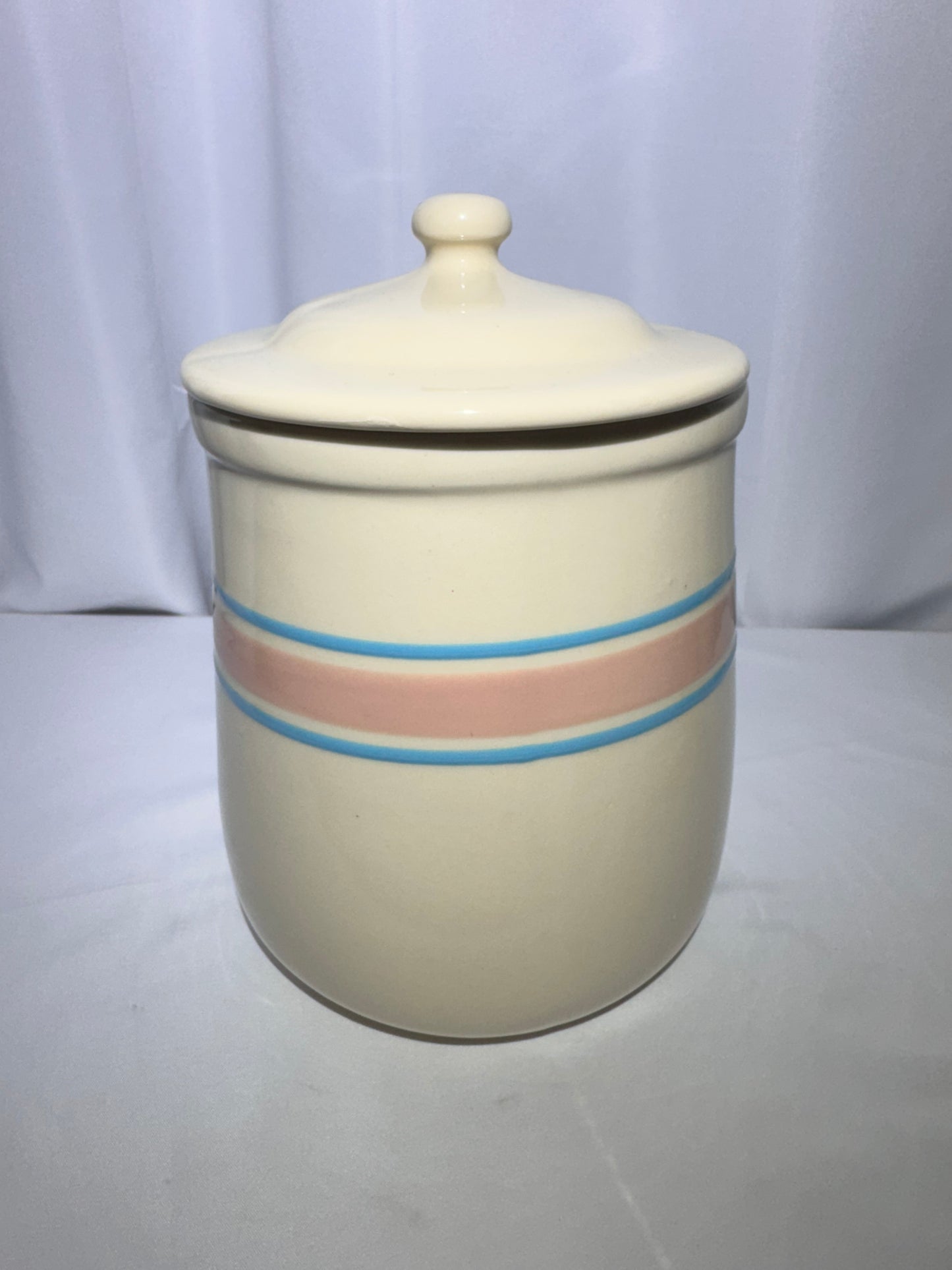 Vintage McCoy Pottery Canister / Cookie Jar – Cream with Pink & Blue Stripes – USA