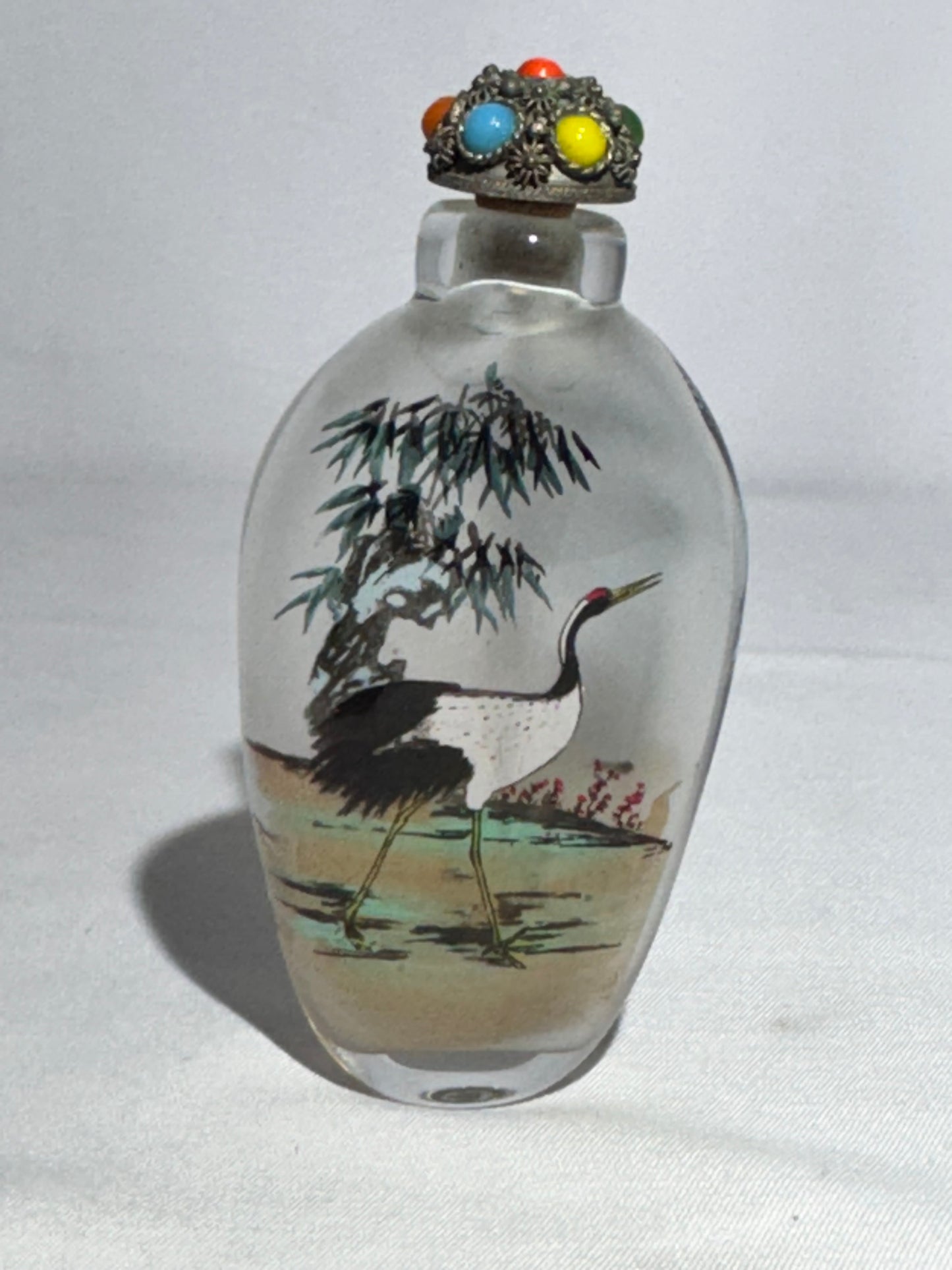 Antique Chinese Inside Painted Glass Snuff Bottle – Dual Crane Design – Jeweled Metal Topper