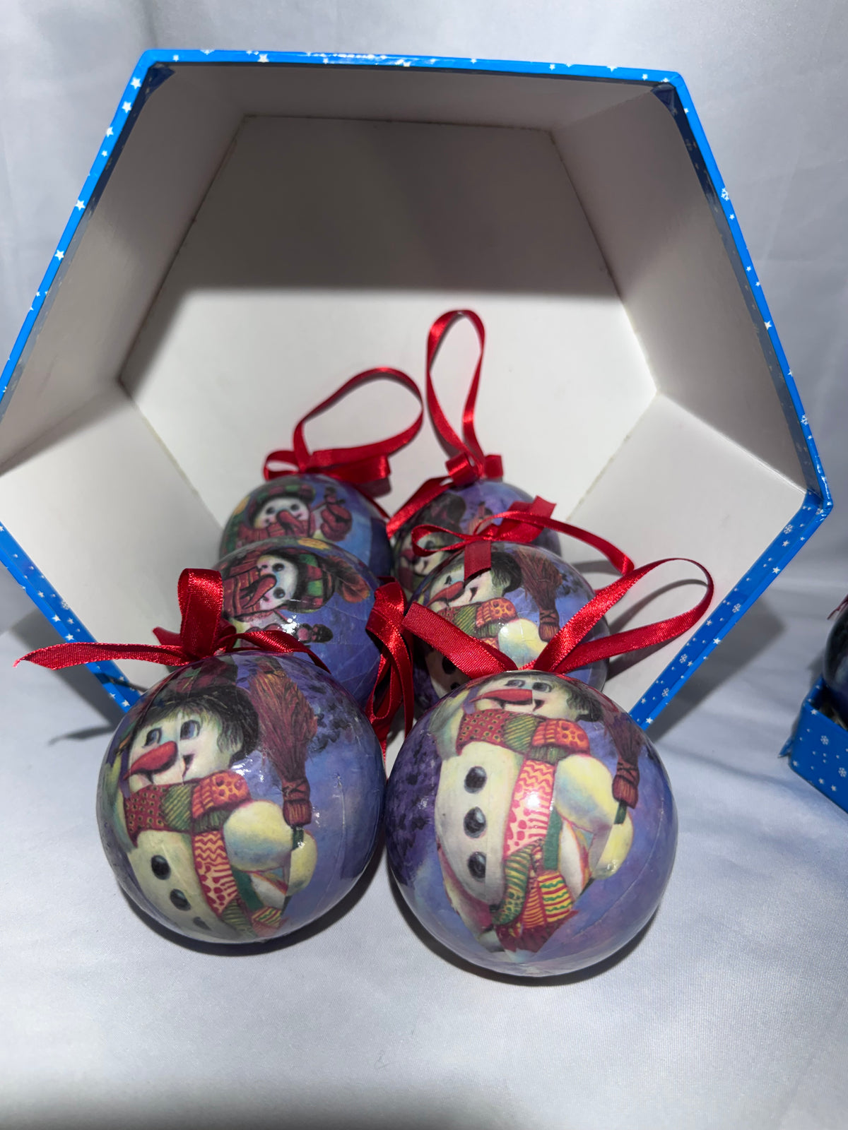 Vintage Frosty Snowman Christmas Ornaments Set of 12 Paper Mache Red Bows w/ Box