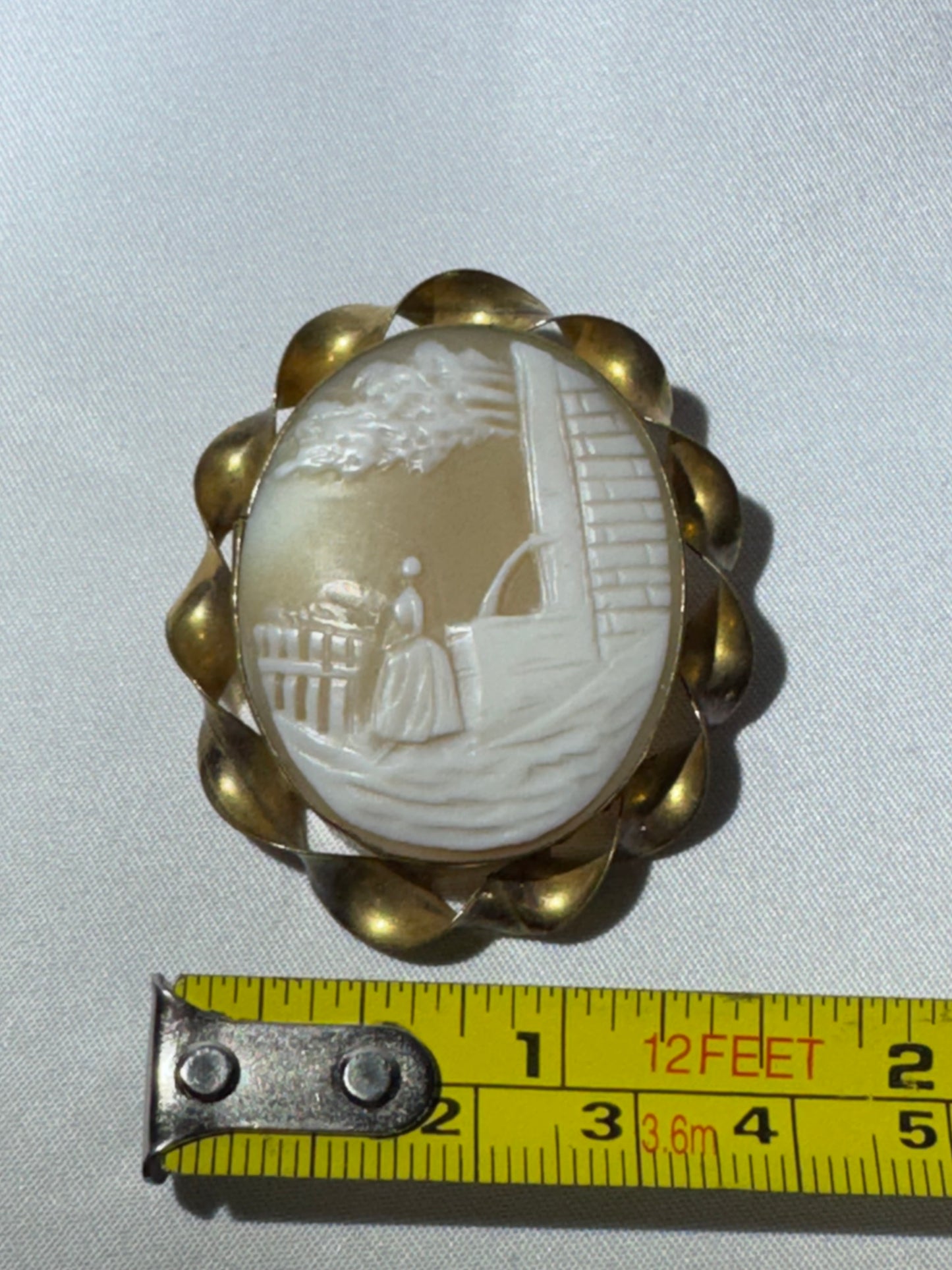 Antique/Vintage Victorian-Style Carved Shell Cameo Brooch – Rebecca at the Well – Gold-Tone Frame