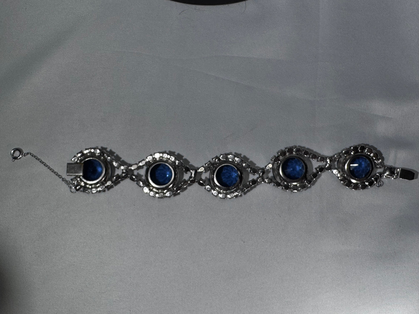 Vintage 1950s-60s Blue Rhinestone Link Bracelet Silver Tone Sapphire Glass
