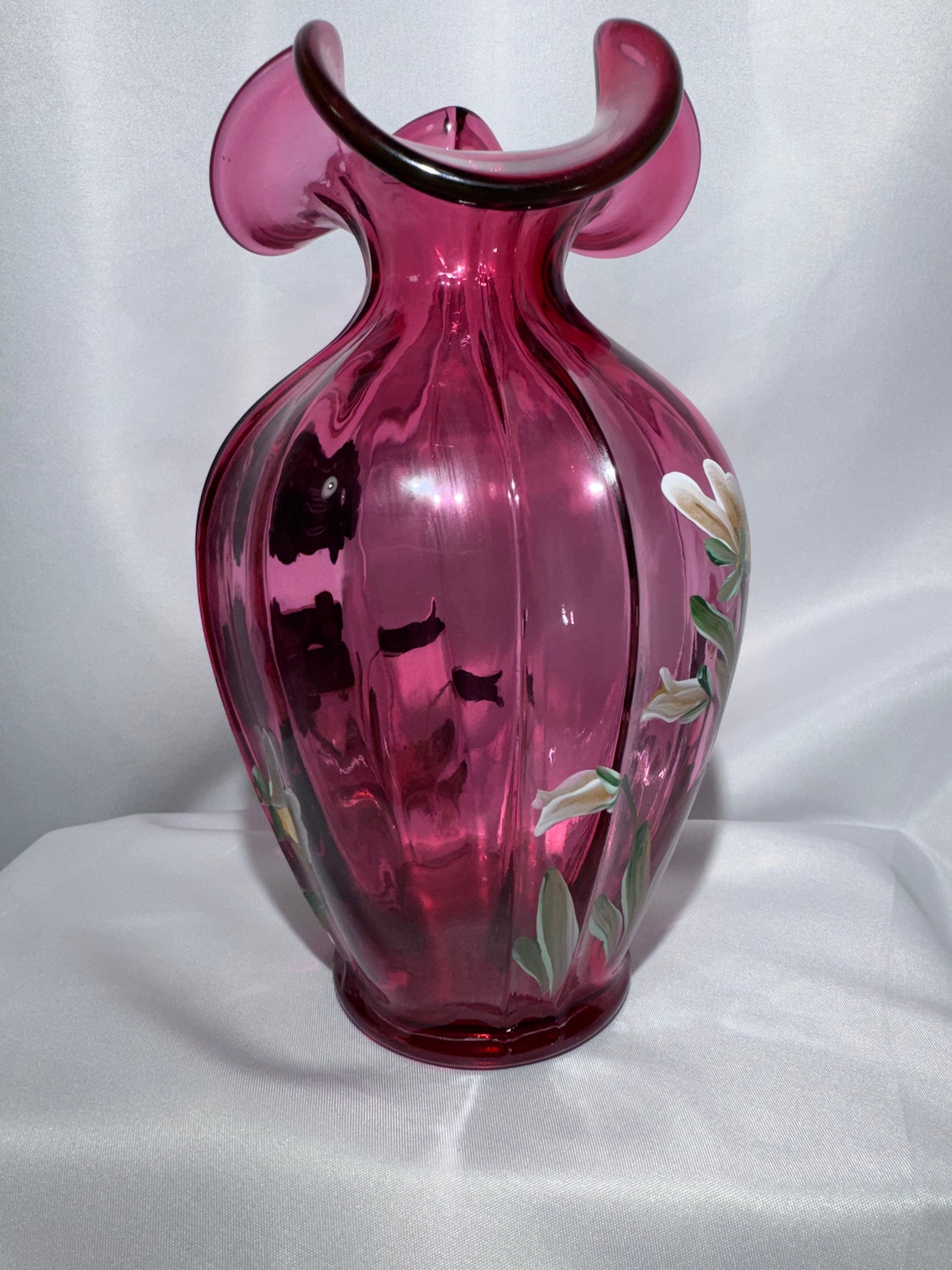 Fenton Cranberry Pansies Hand-Painted Vase – Signed 1995 – #93