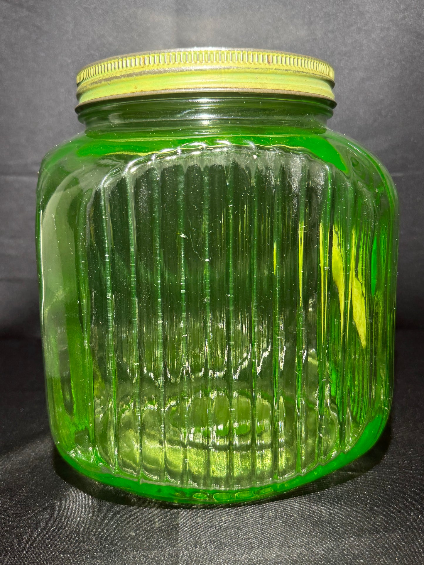 Vintage 1930s Uranium Glass Hoosier Cookie Jar Canister Green Ribbed UV Reactive w/Lid