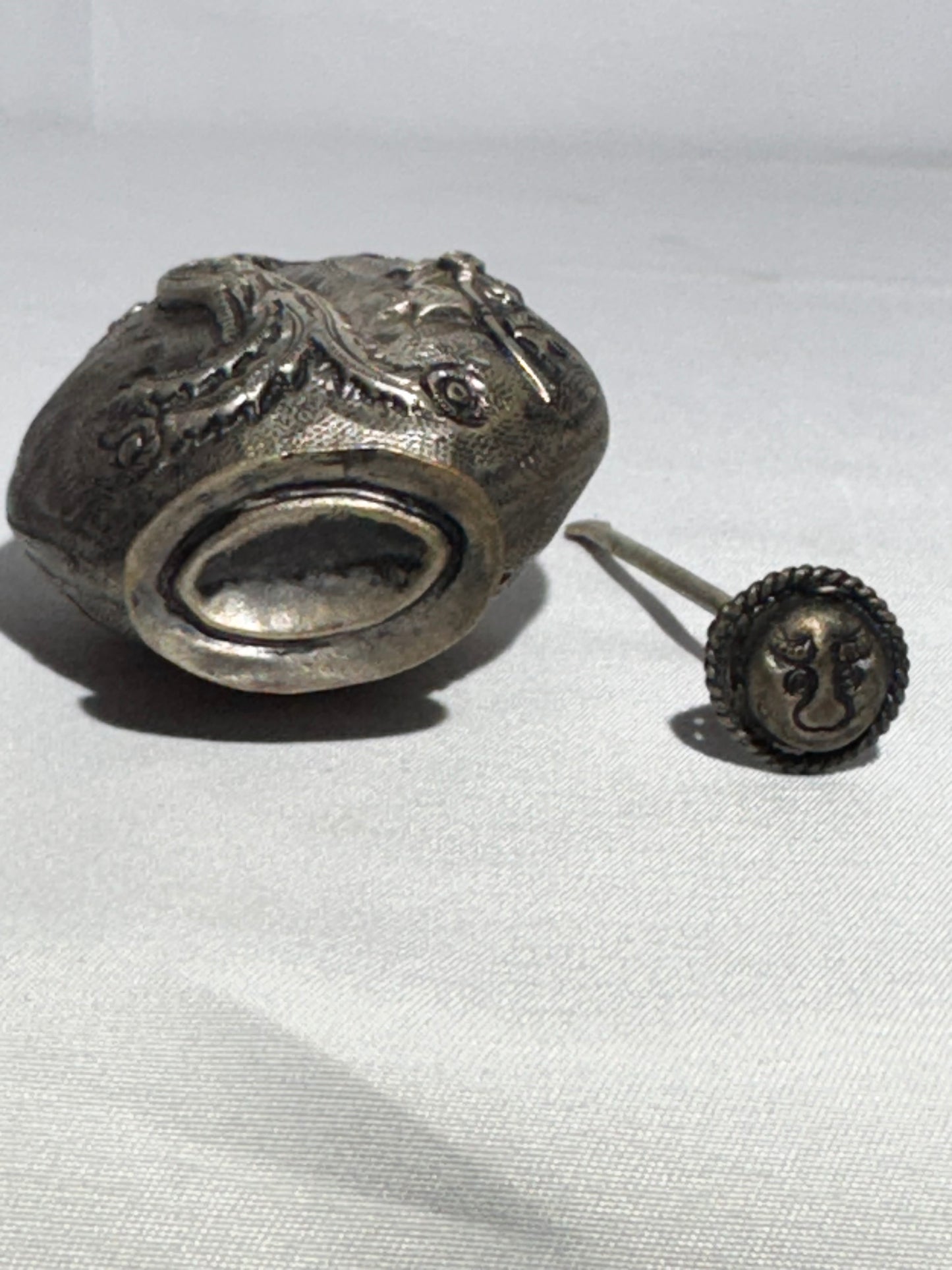 Antique Chinese Snuff Bottle – Repoussé Phoenix & Floral Motif – Hammered Metal Design