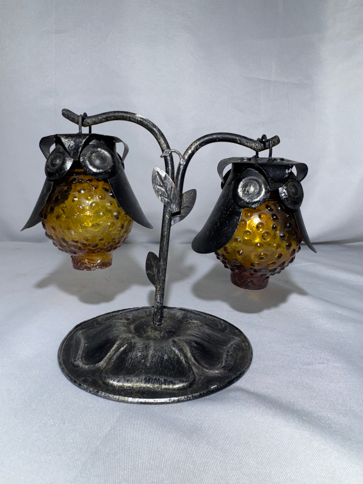 Vintage 1970s Amber Hobnail Glass Owl Salt & Pepper Shakers w/ Metal Tree Stand