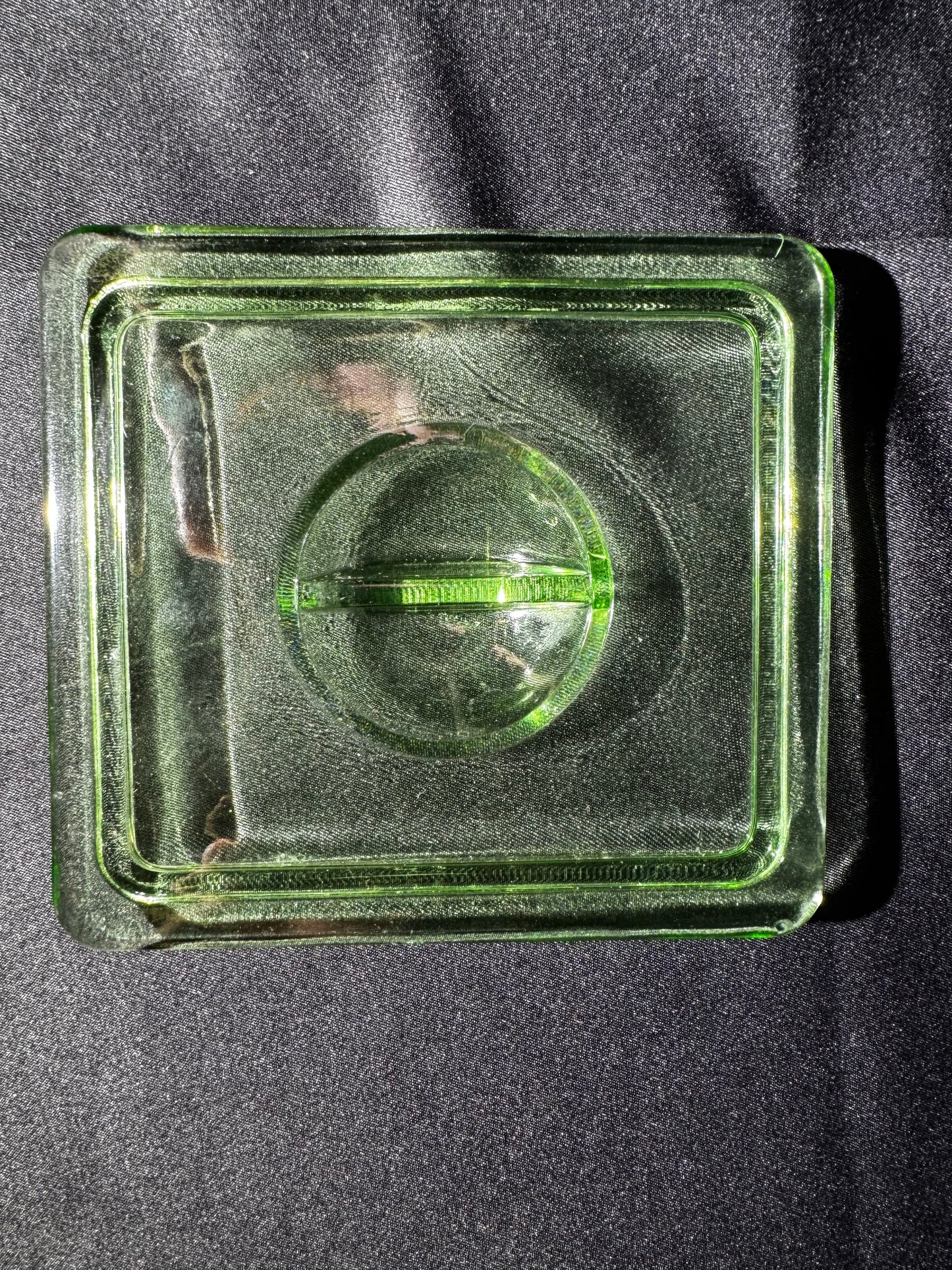 Vintage Hazel Atlas Uranium Glass Refrigerator Dish w/ Lid Green Depression Glass 6”