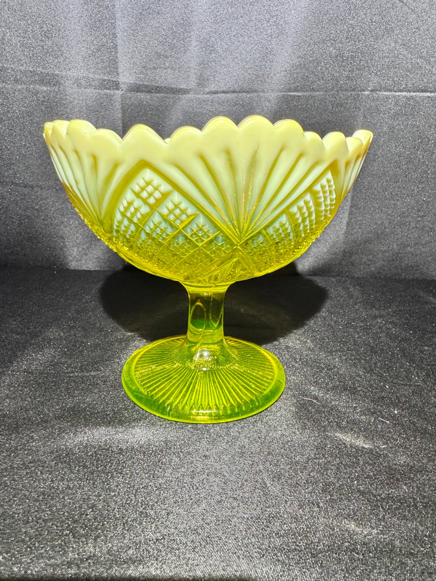 Victorian Uranium Glass Davidson Primrose Pearline Footed Compote – RN 285342