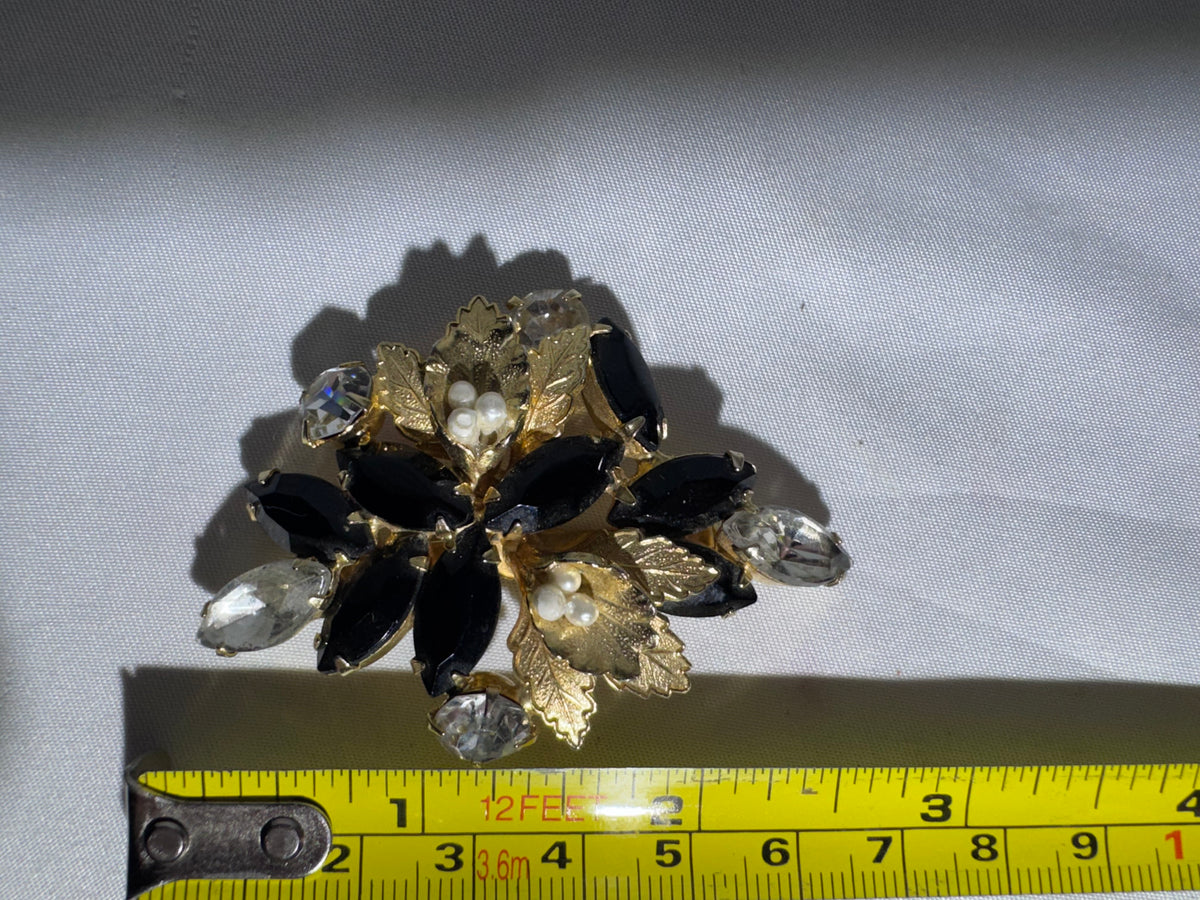Vintage Weiss Style Black Rhinestone Floral Brooch Faux Pearl Gold Tone Unsigned