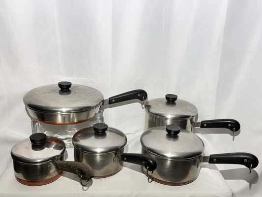 Vintage Revere Ware Copper Bottom Cookware Set – 10 Pieces w/ Lids | Bakelite Handles