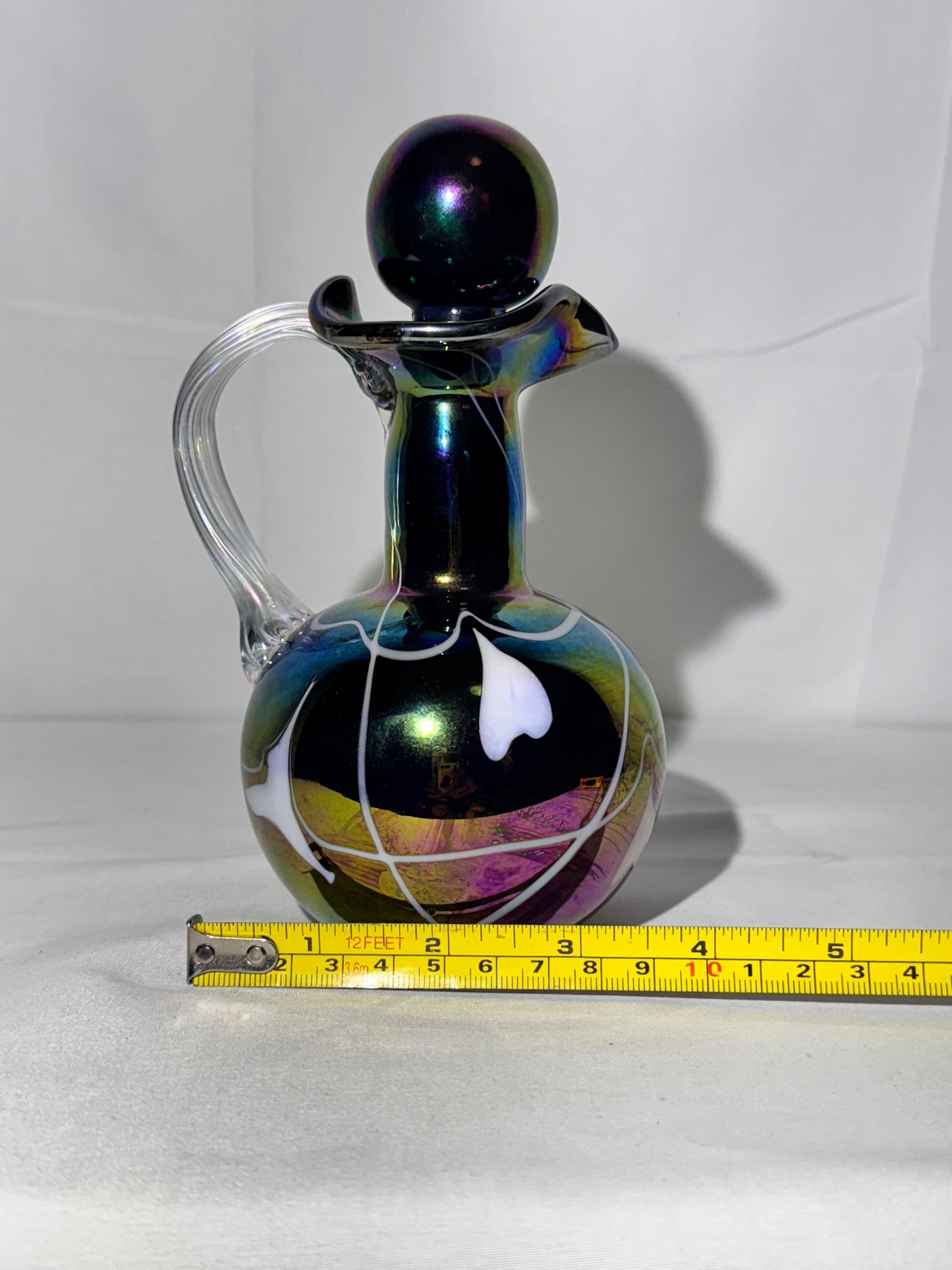 Fenton “Hanging Hearts” Iridescent Glass Cruet with Clear Handle & Iridescent Stopper