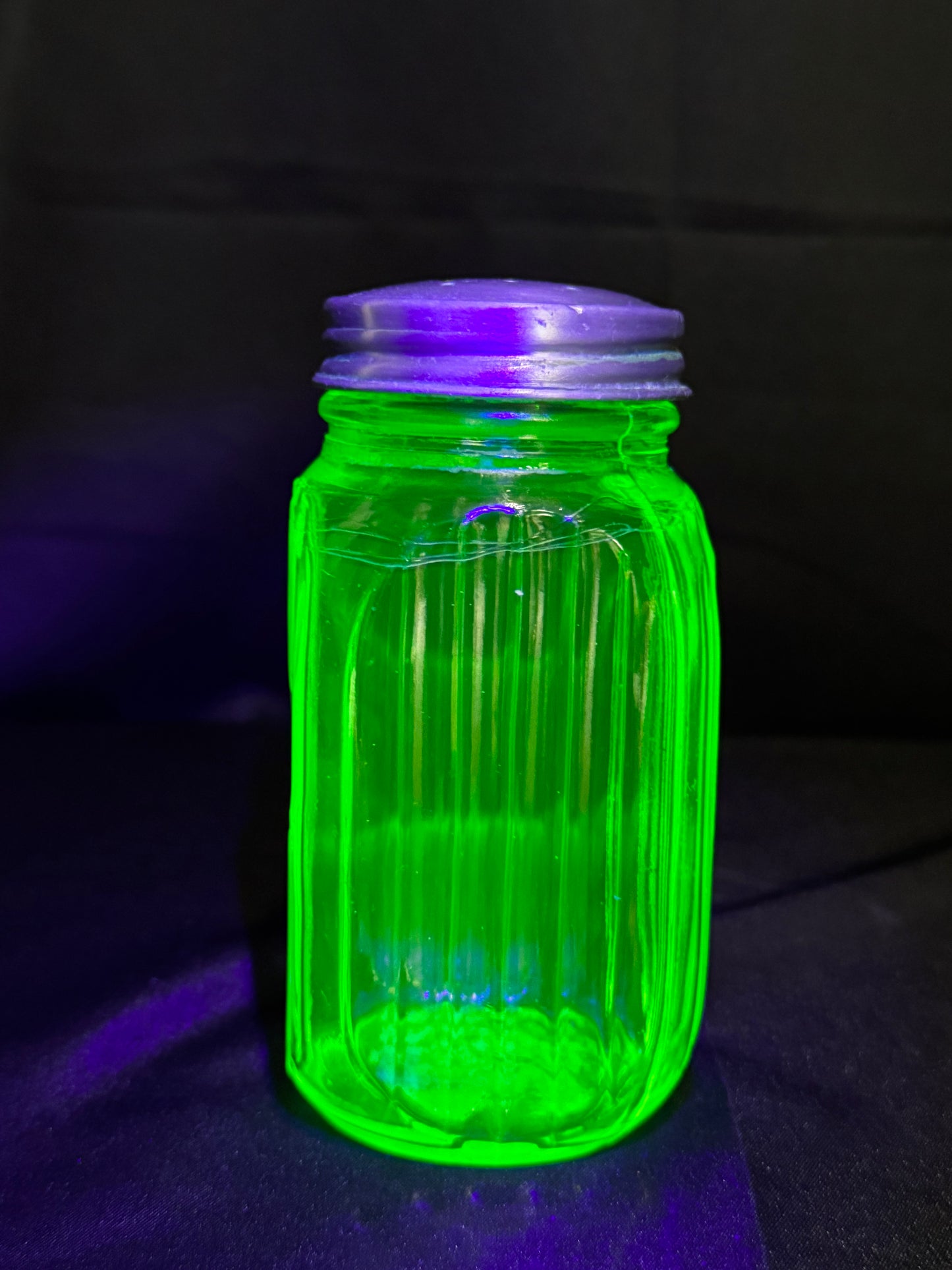 Vintage Anchor Hocking Uranium Glass SUGAR Shaker Ribbed Hoosier Jar w/ Metal Lid