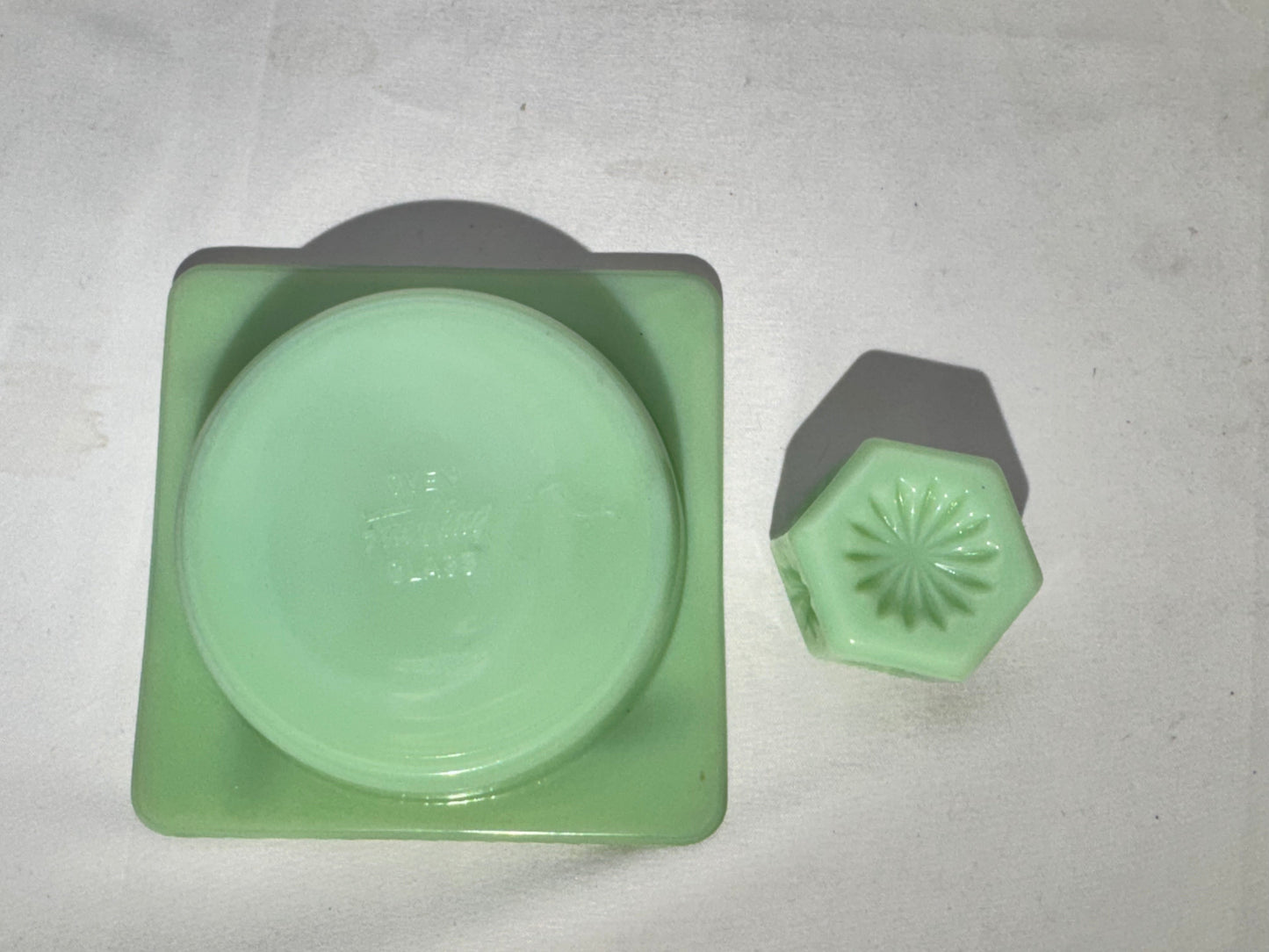Vintage Jadeite Glass Ashtray Set – Fire-King & Hexagonal Floral Piece