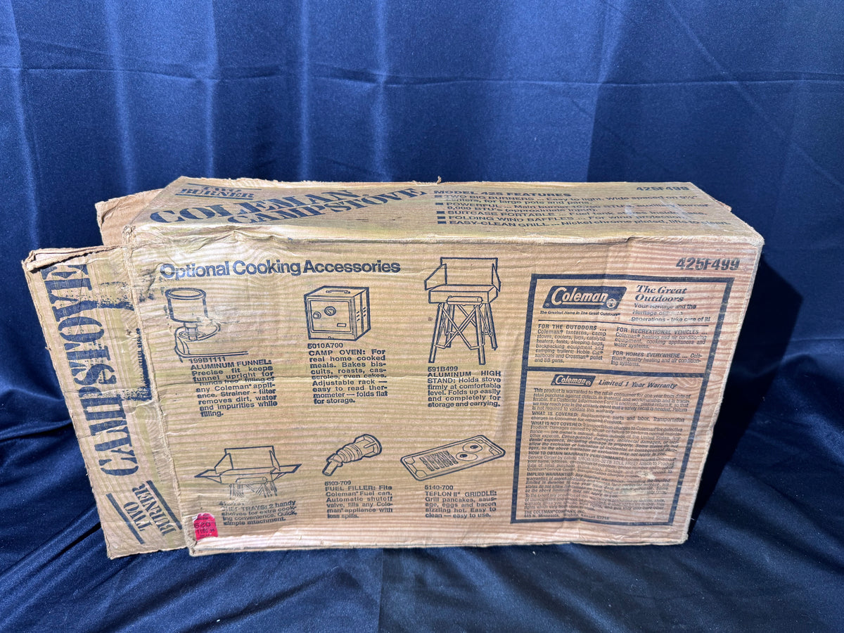 Vintage 1981 Coleman Model 425F 2-Burner Camp Stove with Original Box – Untested