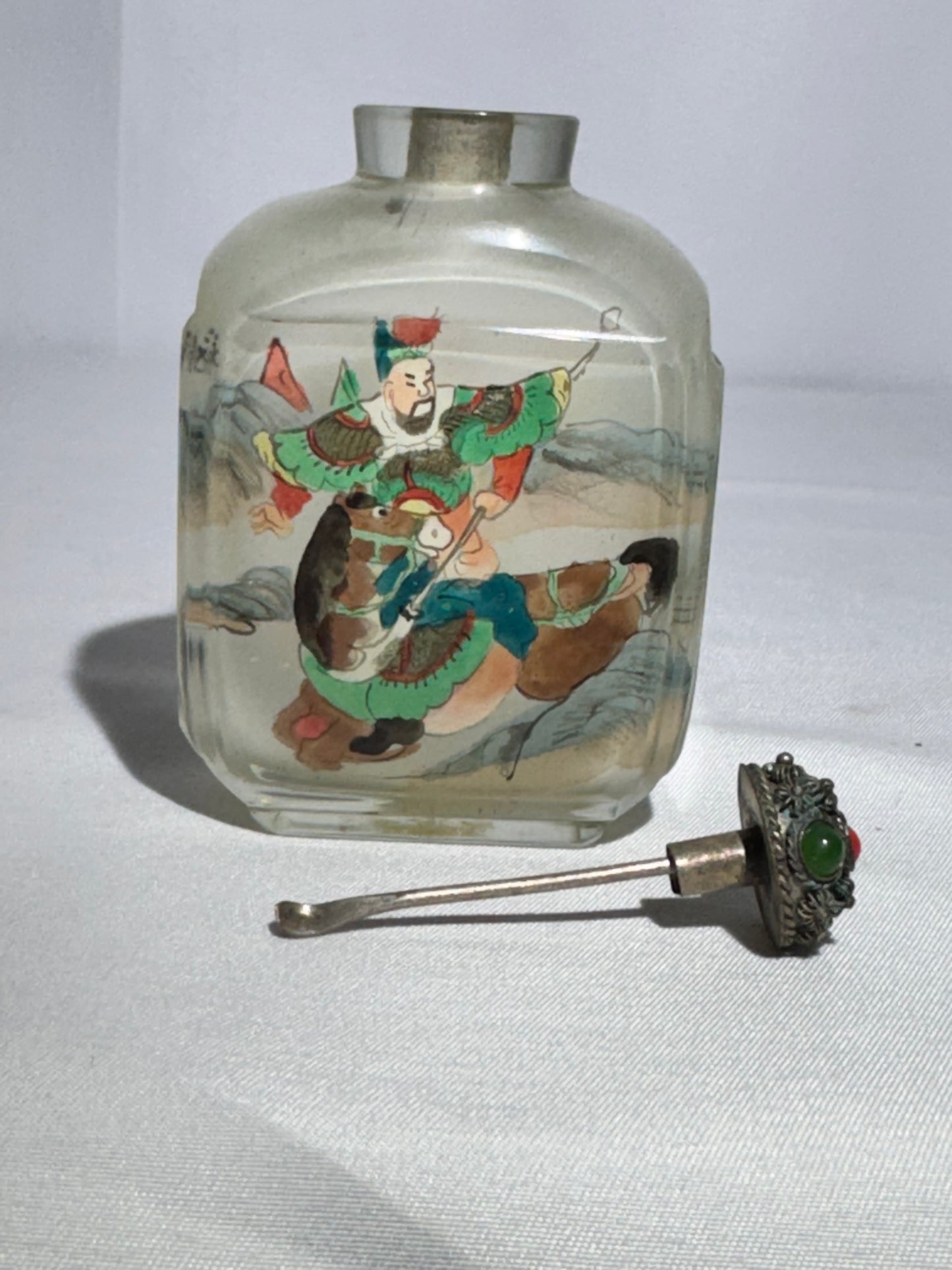 Antique Chinese Inside Painted Glass Snuff Bottle – Man with White Horse & Man Training Brown Horse – Original Metal Topper with Possible Jade & Coral