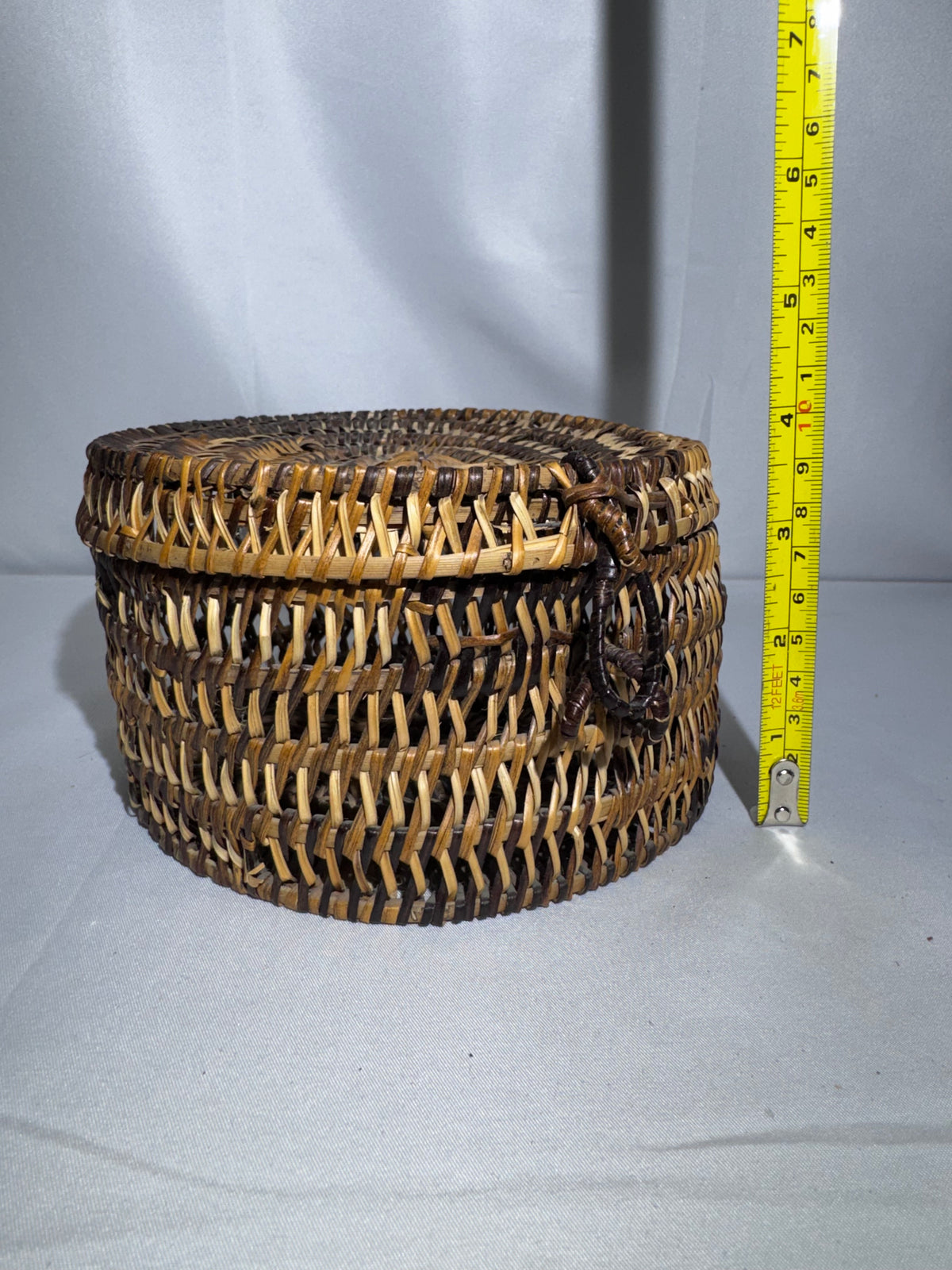 Handwoven Lidded Basket – Natural Reed/Wicker – Decorative Folk Art