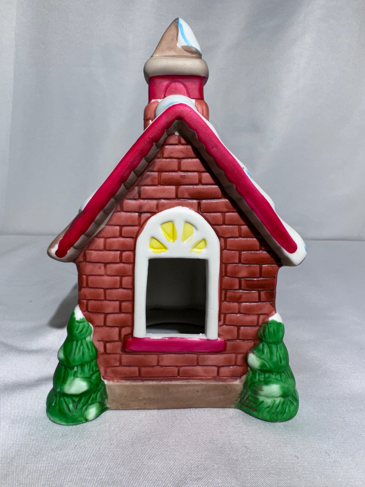 Ceramic Christmas village, church, tea, light candle holder, red brick, snowy roof