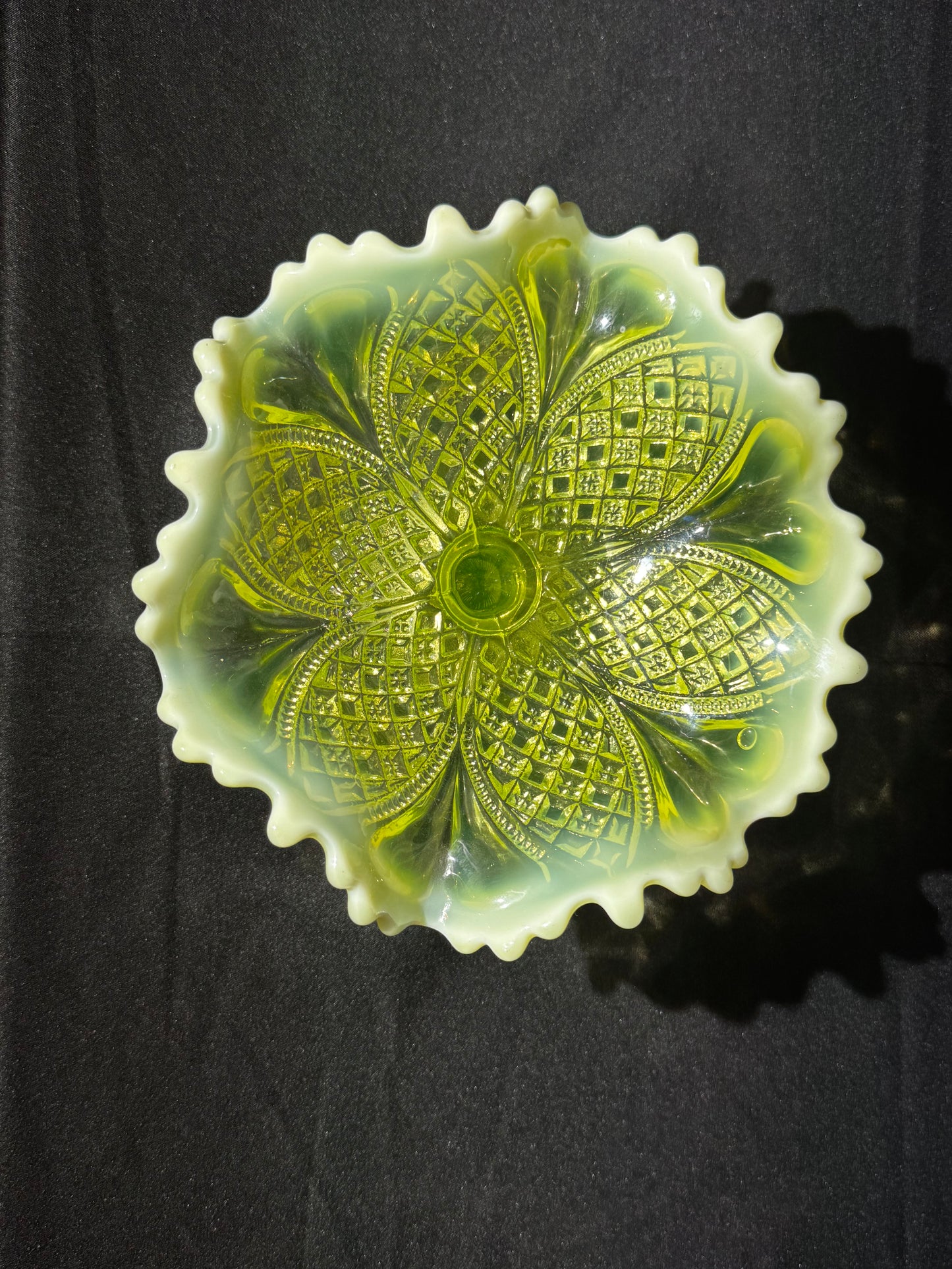 Victorian Davidson Uranium Glass Compote Bowl Queen’s Crown Primrose Pearline Opalescent Rim