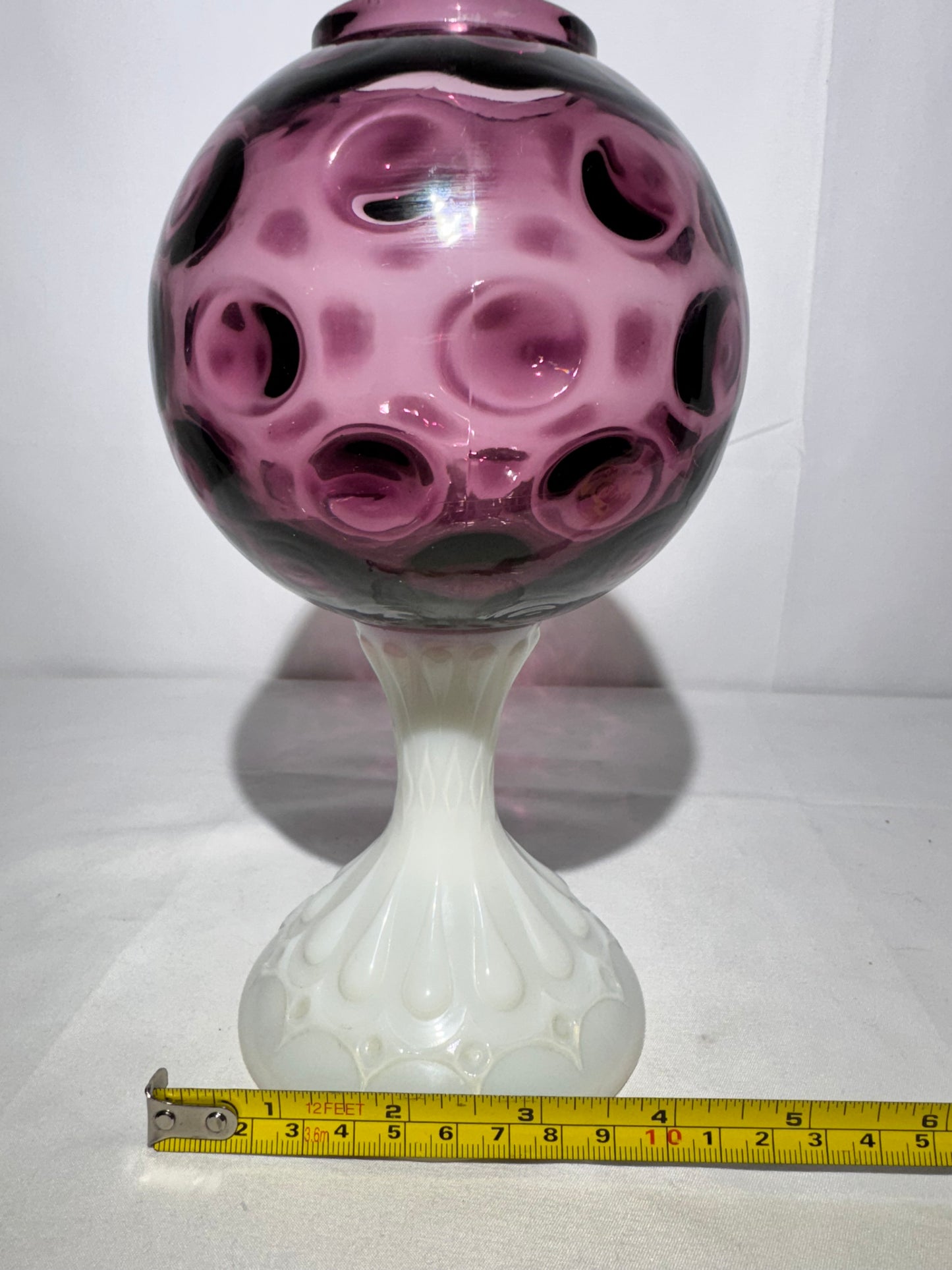 Fenton Coin Pedestal Ivory Ball / Rose Bowl – Amethyst & Milk Glass