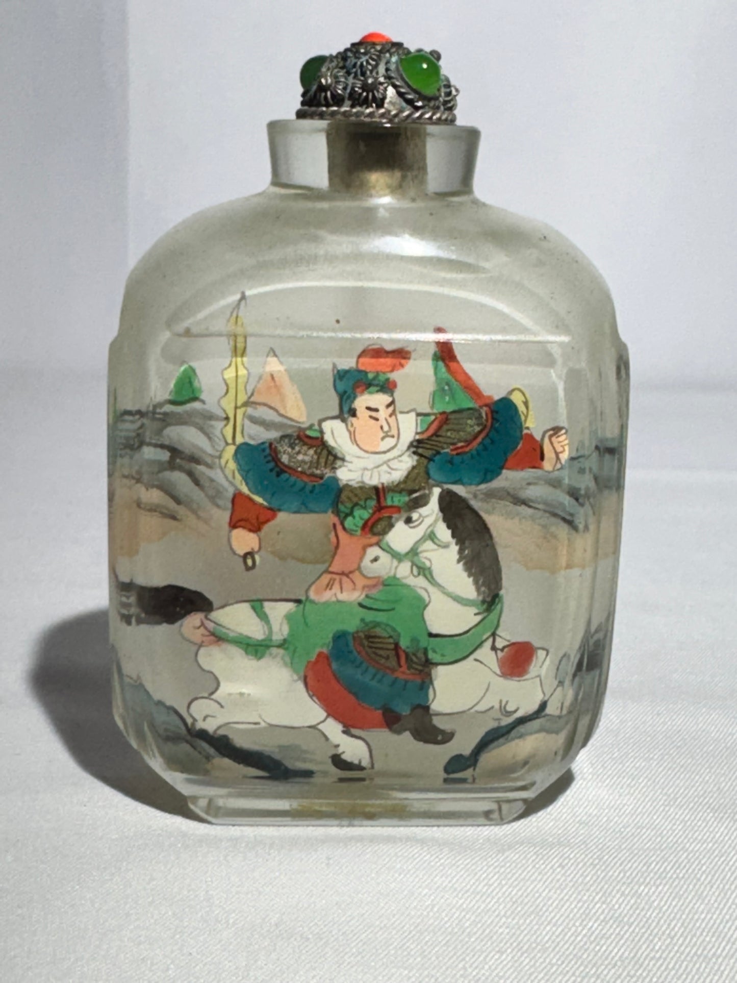 Antique Chinese Inside Painted Glass Snuff Bottle – Man with White Horse & Man Training Brown Horse – Original Metal Topper with Possible Jade & Coral