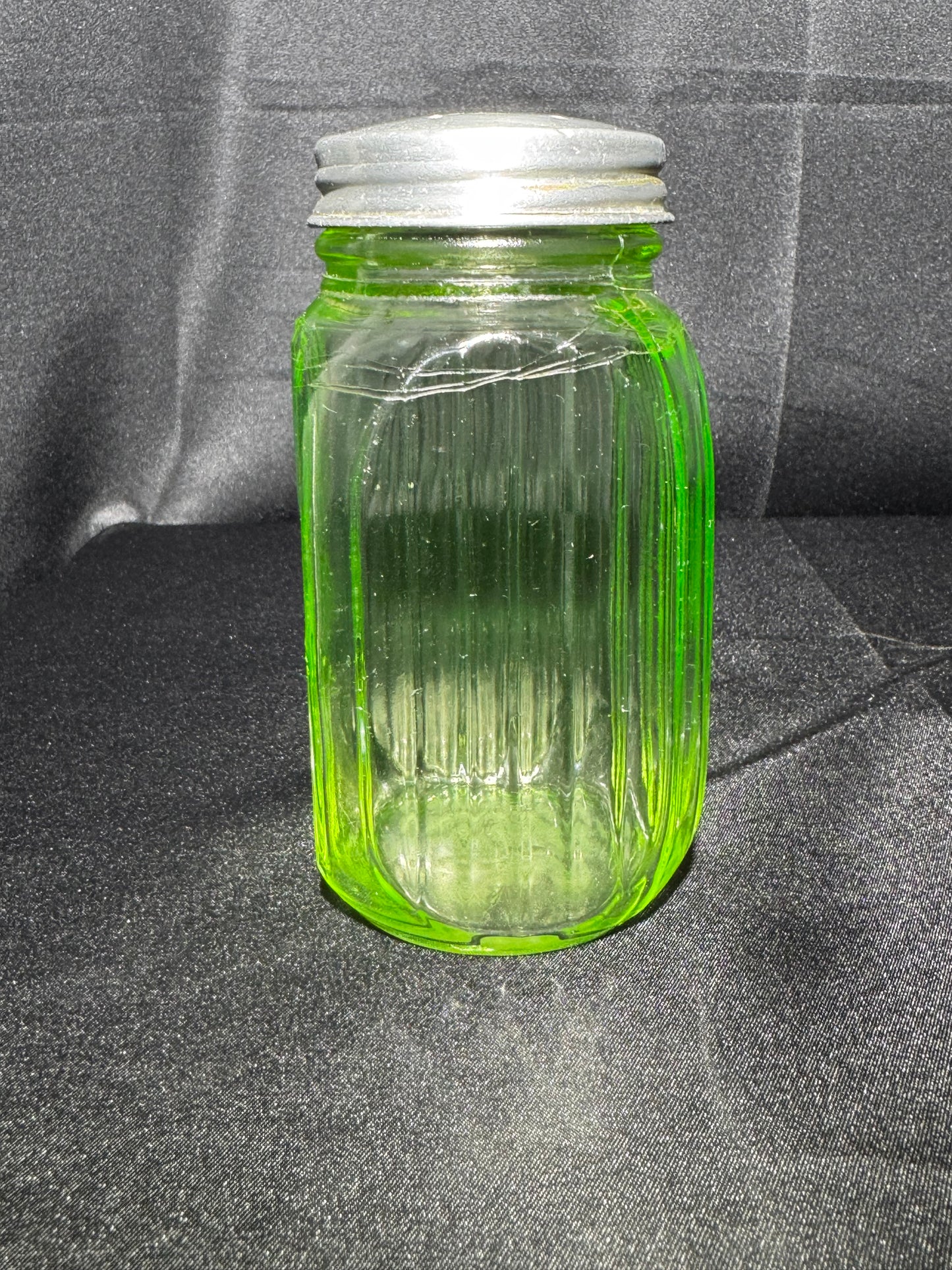 Vintage Anchor Hocking Uranium Glass SUGAR Shaker Ribbed Hoosier Jar w/ Metal Lid
