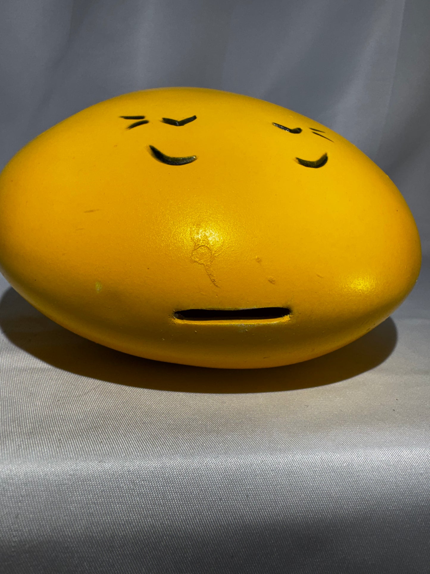 Vintage 1971 Play Pal Plastics Yellow Smiley Face Coin Bank 11” Blow Mold Heart