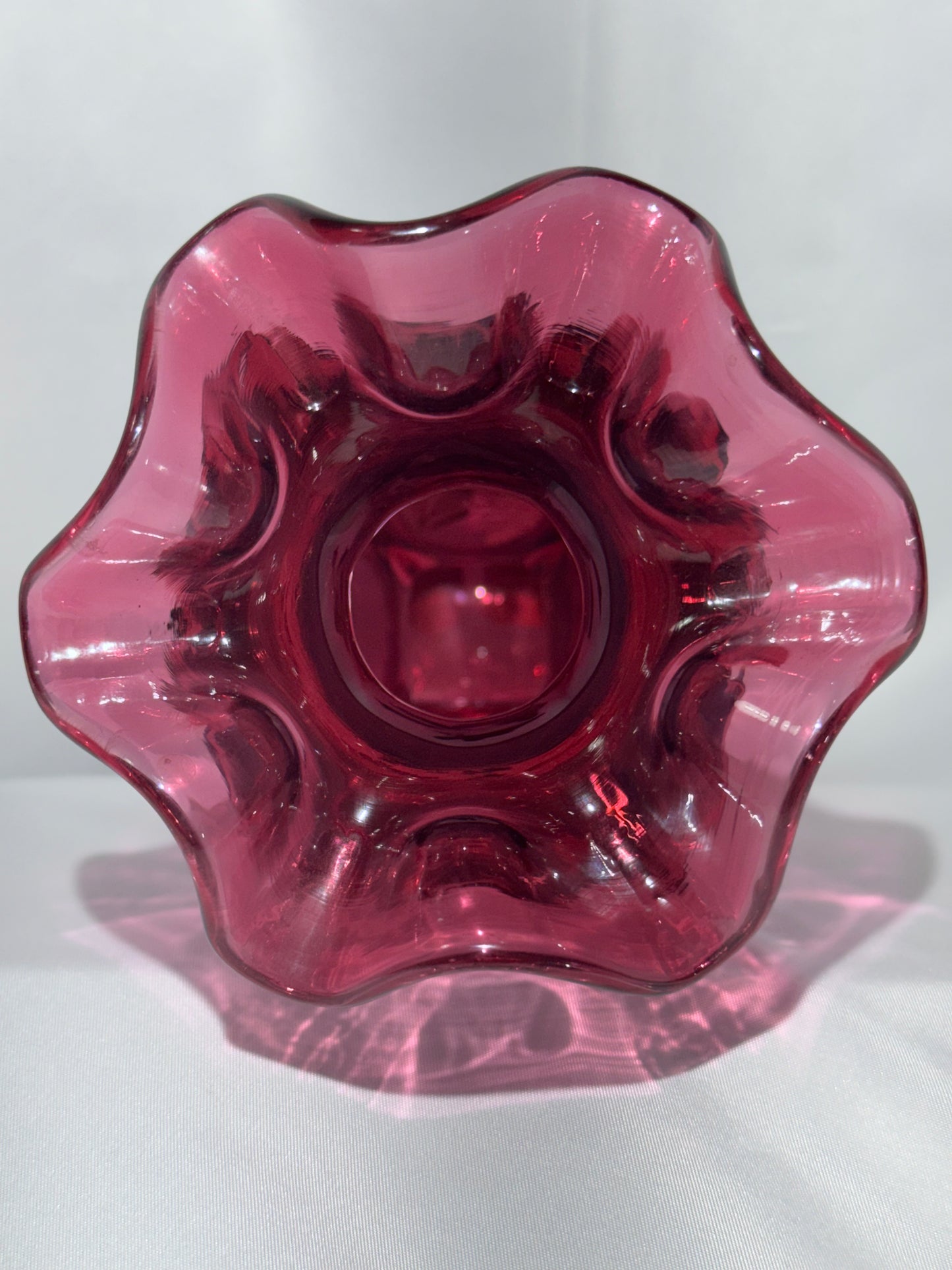 Fenton 1999 Hand Painted Cranberry Cased Glass Square Vase Pansies Signed 7.5”