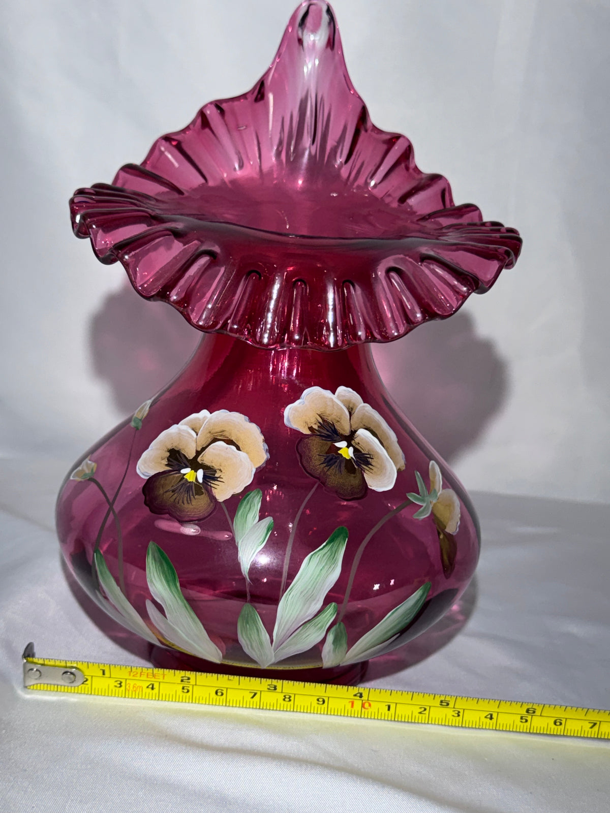 Vintage Fenton Cranberry Jack-in-the-Pulpit Vase – Hand-Painted Pansies – D. Cutshaw – 8.5”