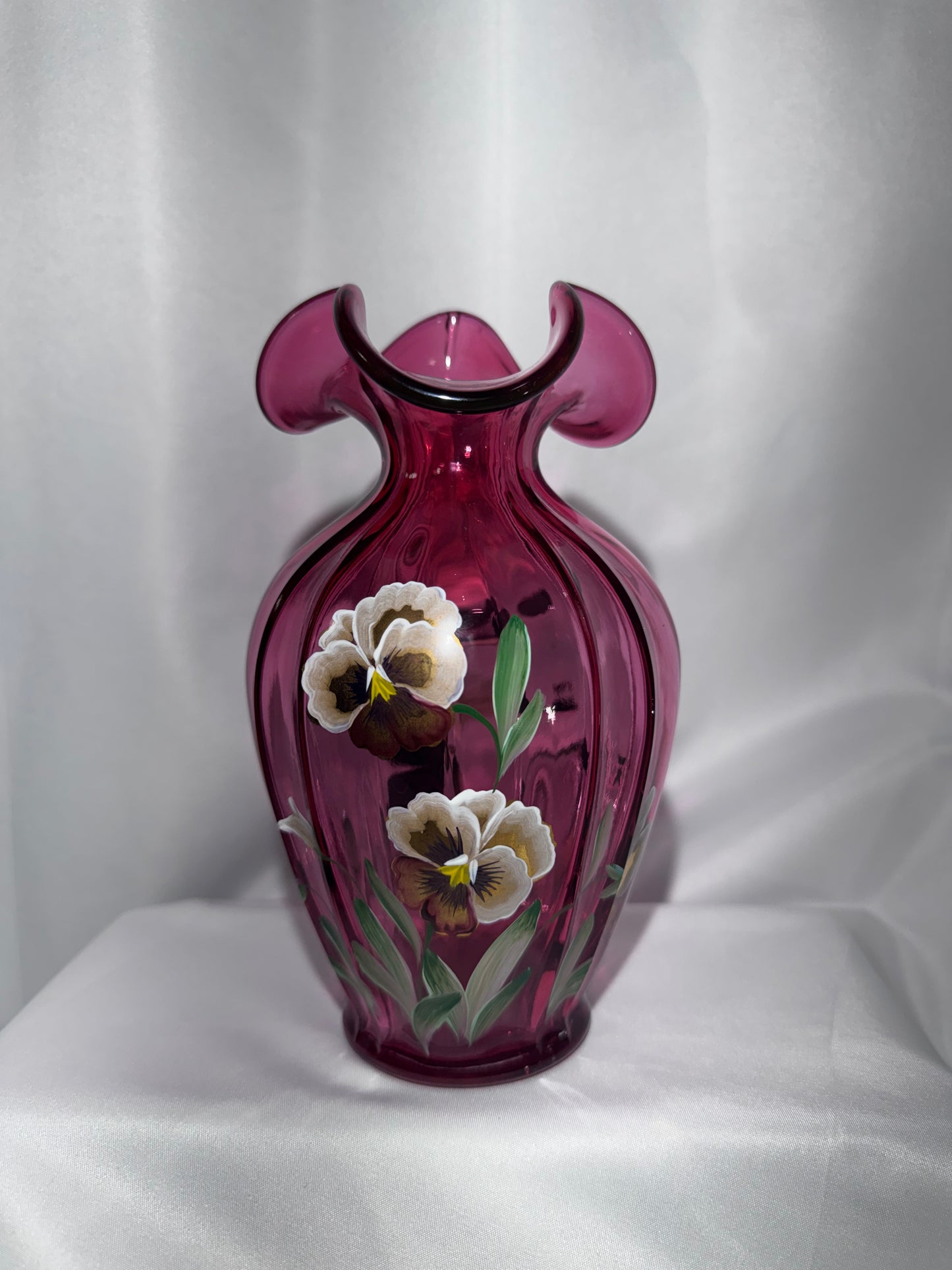 Fenton Cranberry Pansies Hand-Painted Vase – Signed 1995 – #93