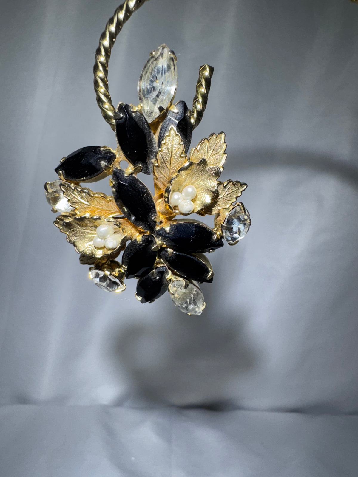 Vintage Weiss Style Black Rhinestone Floral Brooch Faux Pearl Gold Tone Unsigned