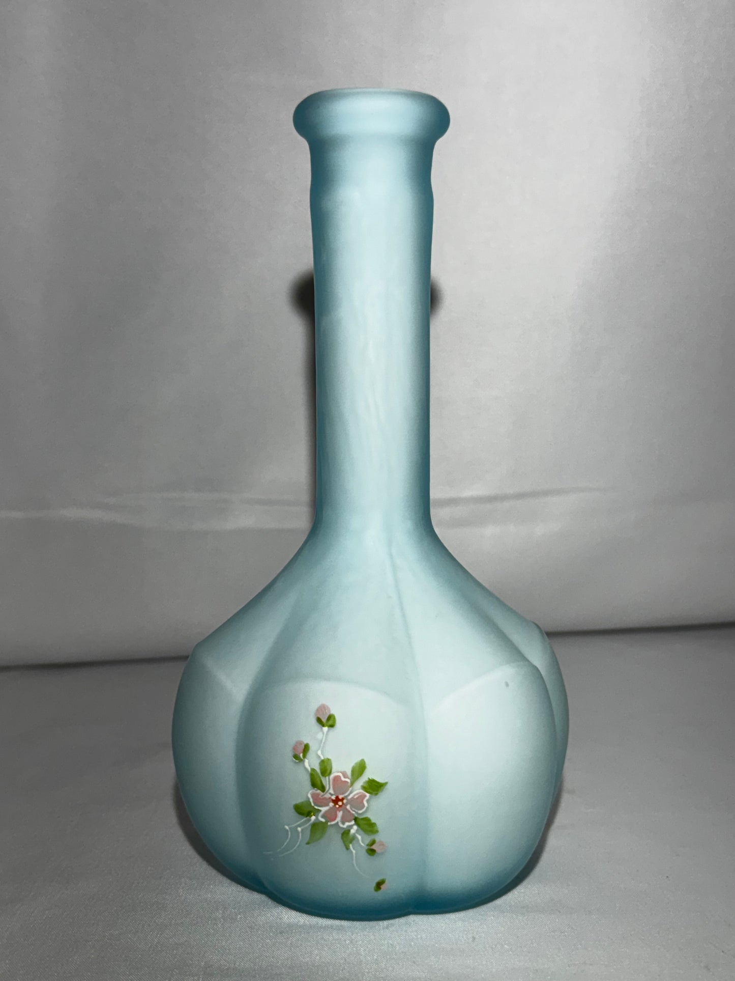Vintage Fenton Baby Blue Satin Glass Barber Bottle – Hand-Painted Floral – 7.5”