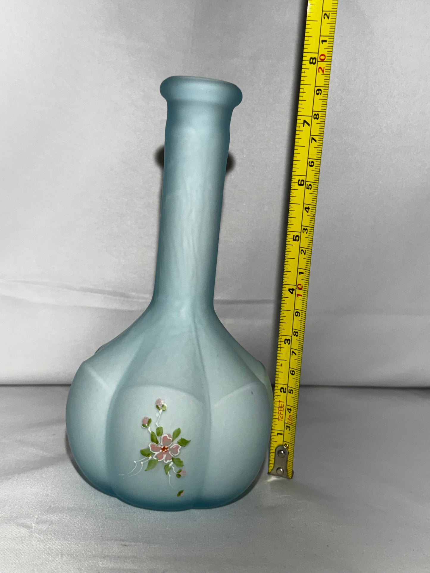 Vintage Fenton Baby Blue Satin Glass Barber Bottle – Hand-Painted Floral – 7.5”