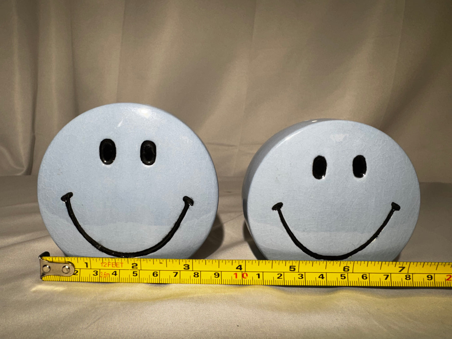 Vintage Blue Smiley Face Salt & Pepper Shakers Ceramic Happy Face Set Retro 1970s