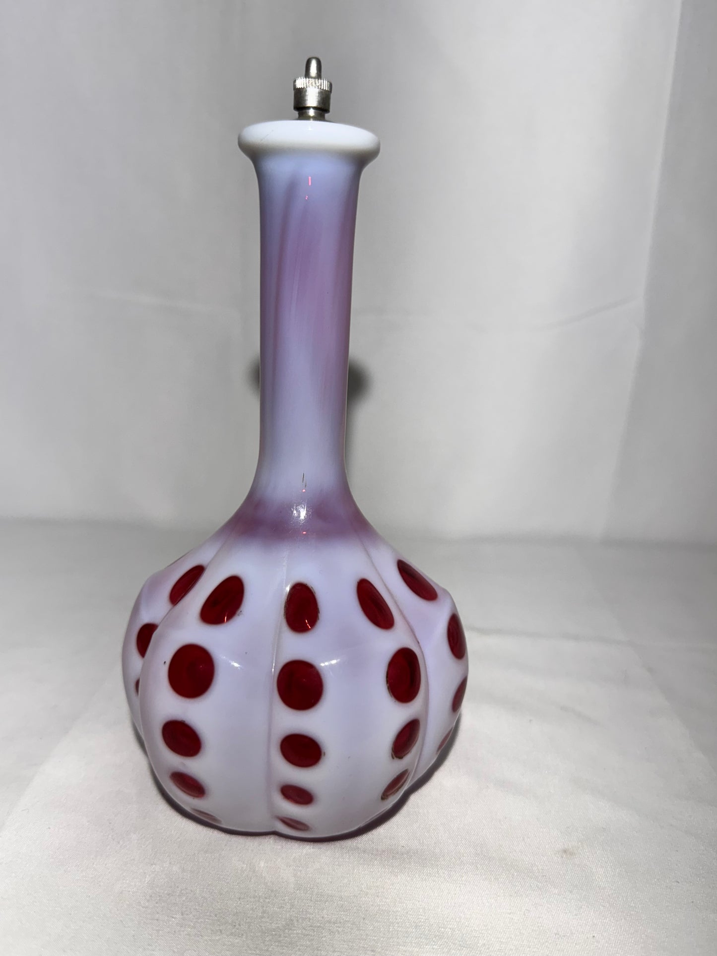 Vintage Cranberry & White Coin Dot Barber Bottle w/ Original Topper