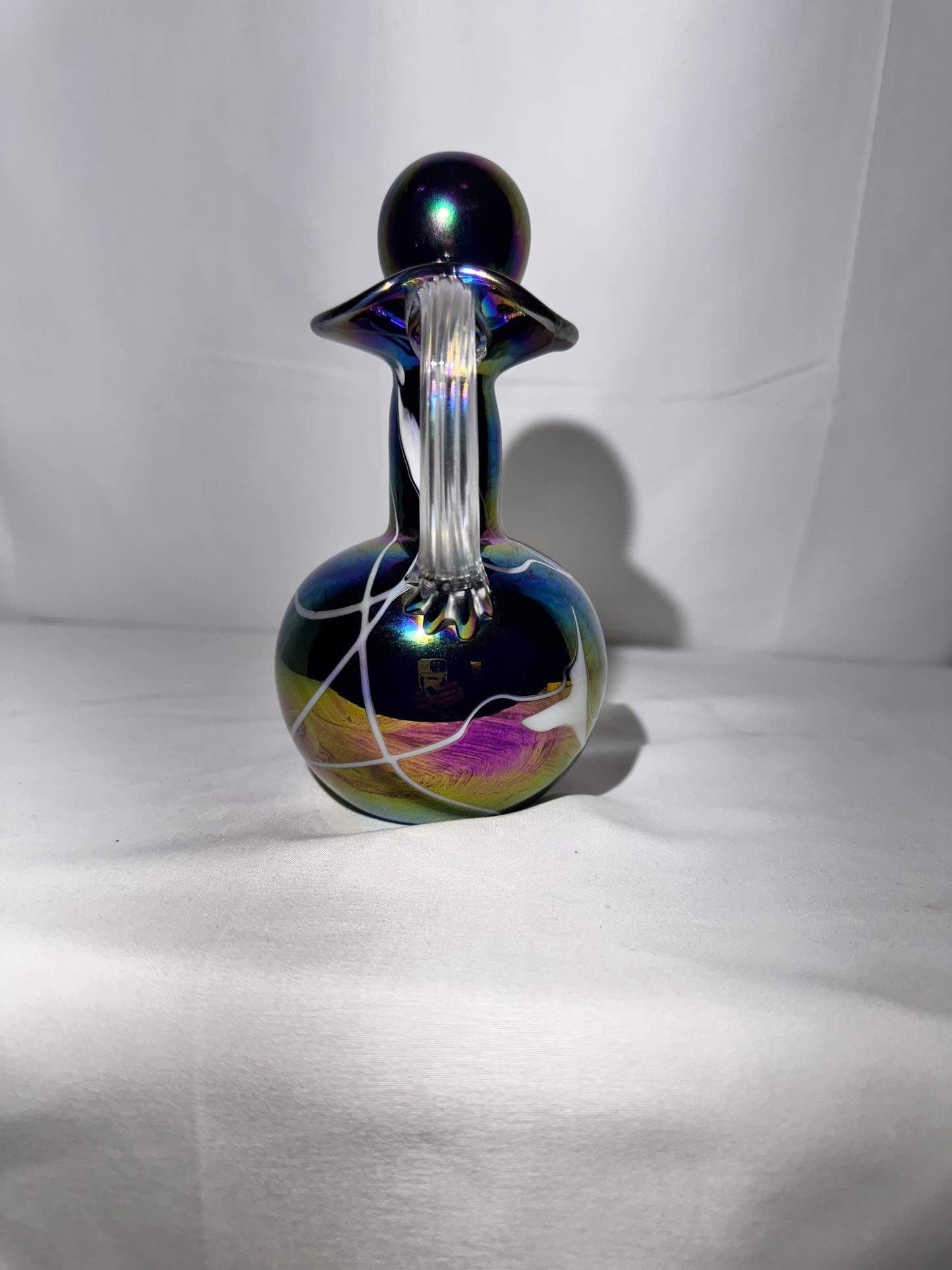 Fenton “Hanging Hearts” Iridescent Glass Cruet with Clear Handle & Iridescent Stopper