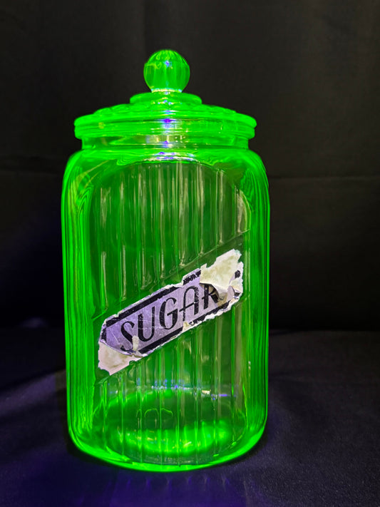 Vintage 1930s Anchor Hocking Uranium Glass “SUGAR” Canister with Original Lid