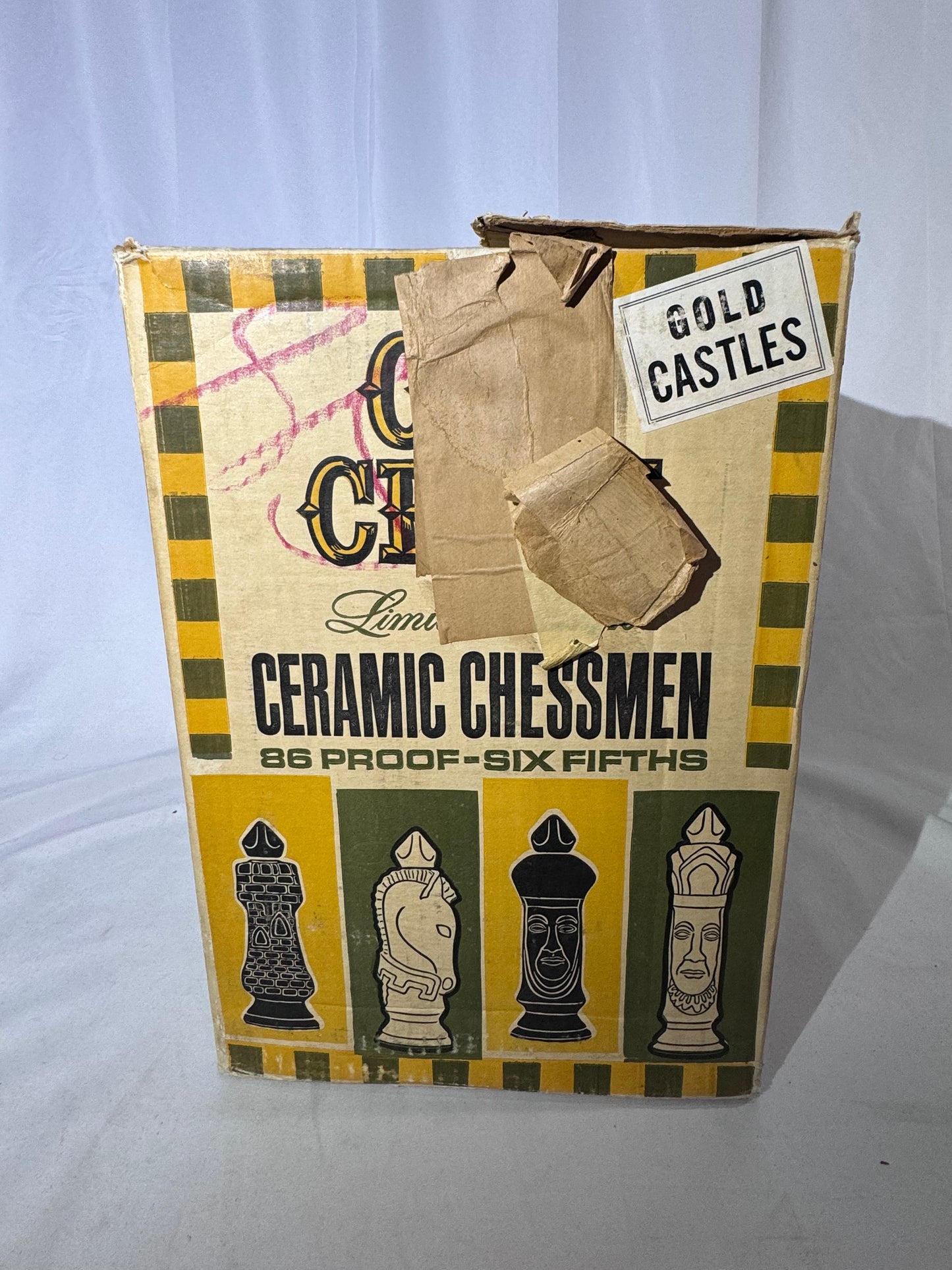 1969 Old Crow 10-Year Bourbon Chessmen Decanters Set 6 Gold Pieces Original Box