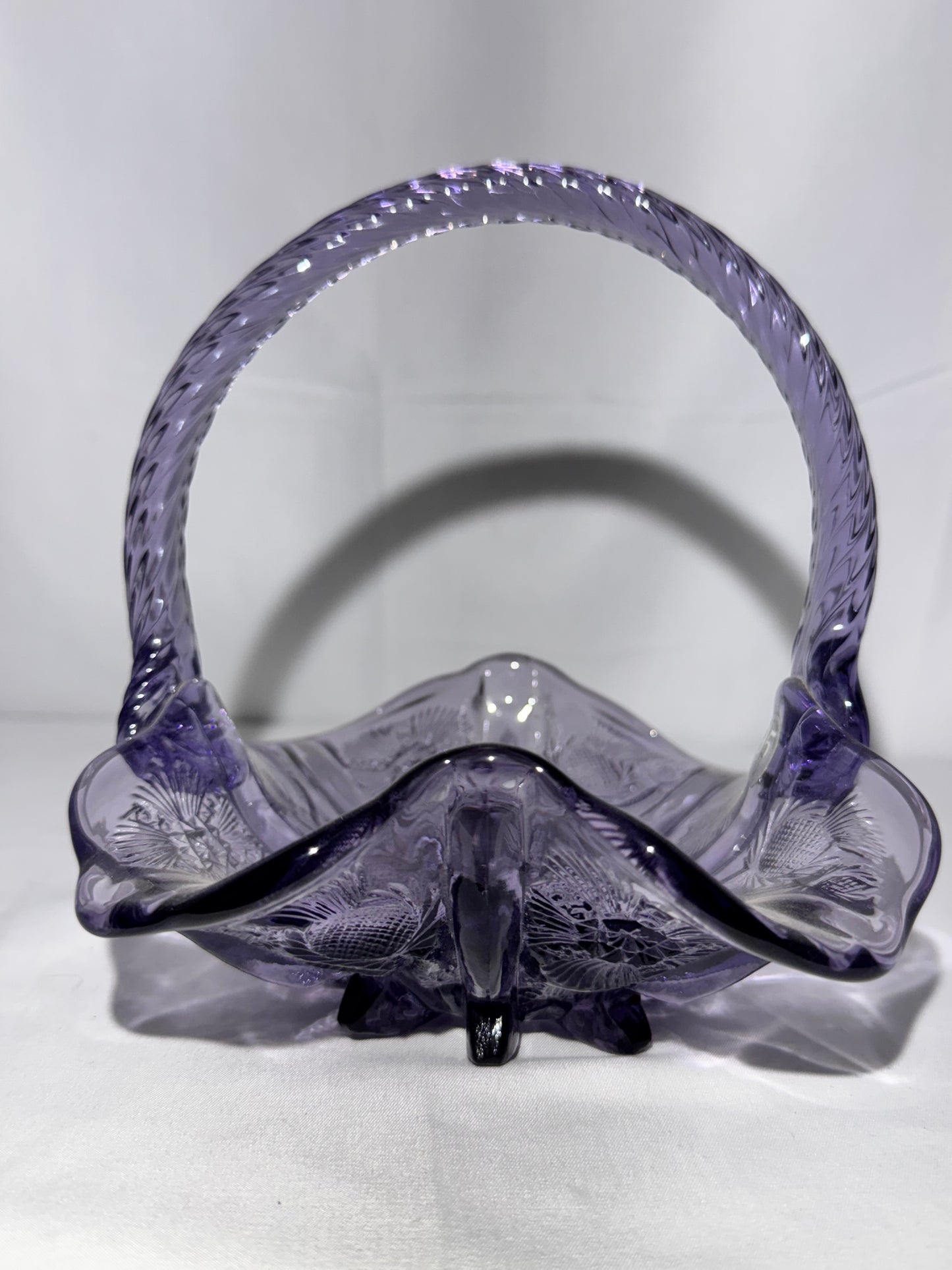 Fenton Glass Basket – Thistle Pattern – Approx. 6 ½” Tall – Original Fenton Sticker