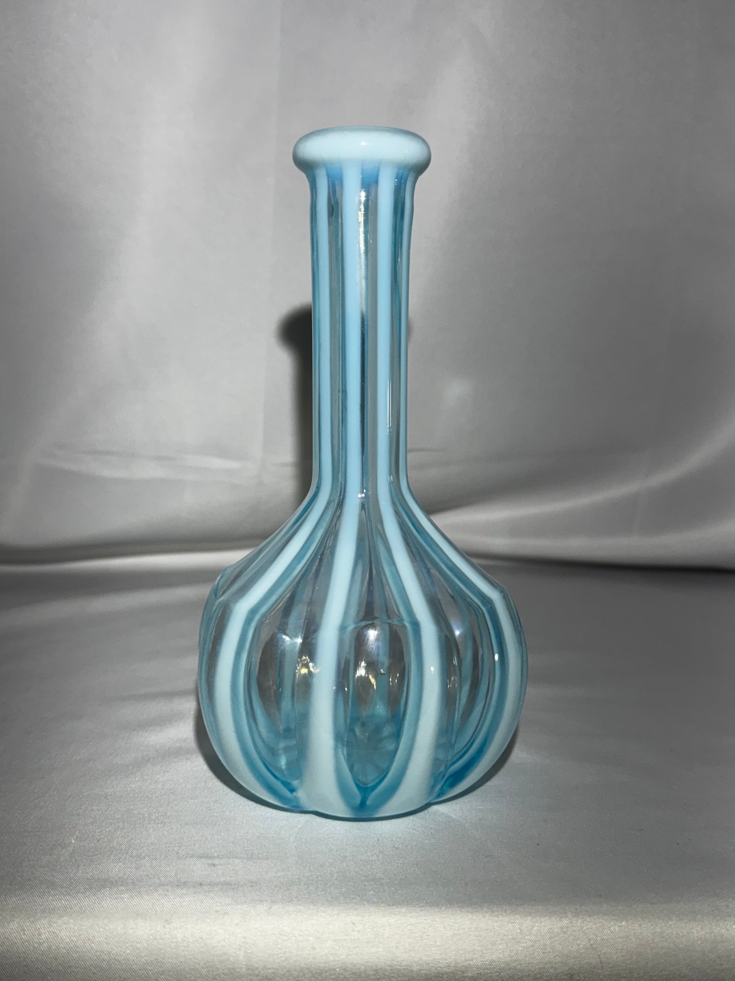 Antique EAPG Blue & White Stripe Barber Bottle Melon Base 7.5”