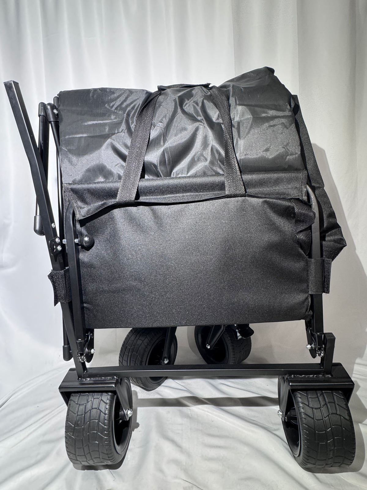 Snap-on Black Collapsible Utility Beach Wagon with Built-In Bench Seat – Foldable Travel Wagon
