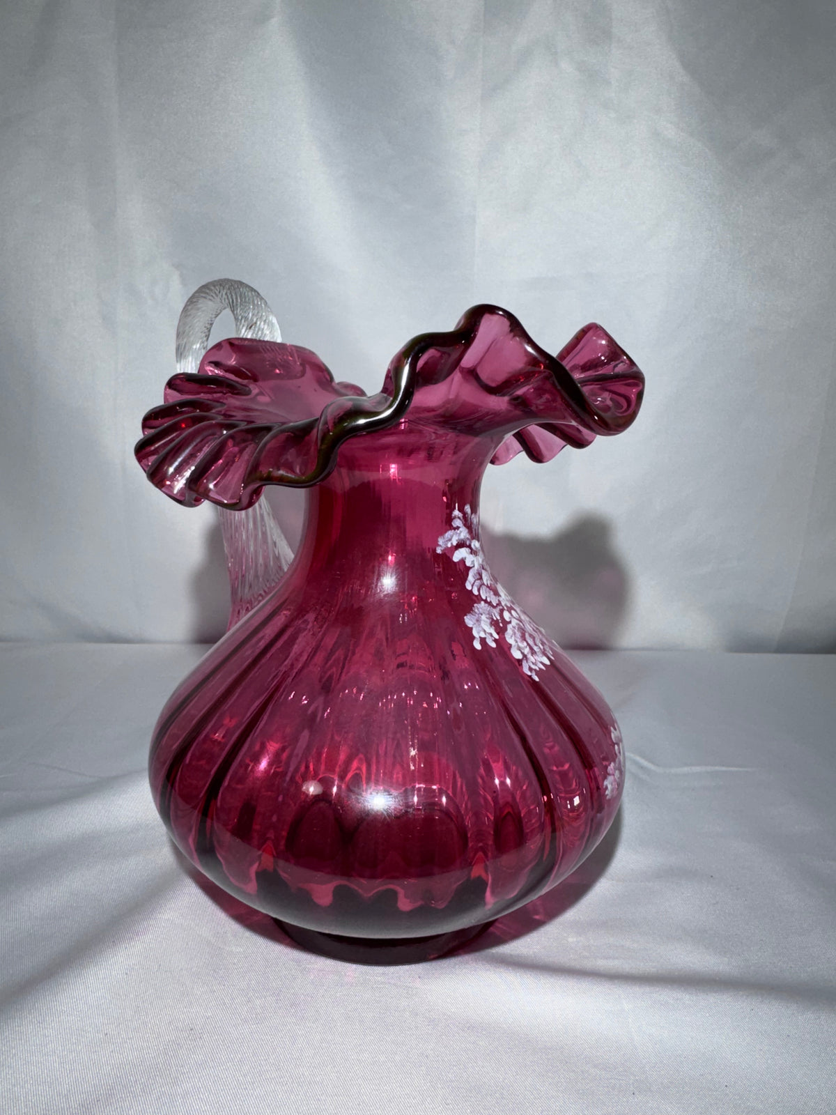 Fenton Cranberry Glass Mary Gregory Style Hand-Painted Pitcher – S. Hart – #1570/2250