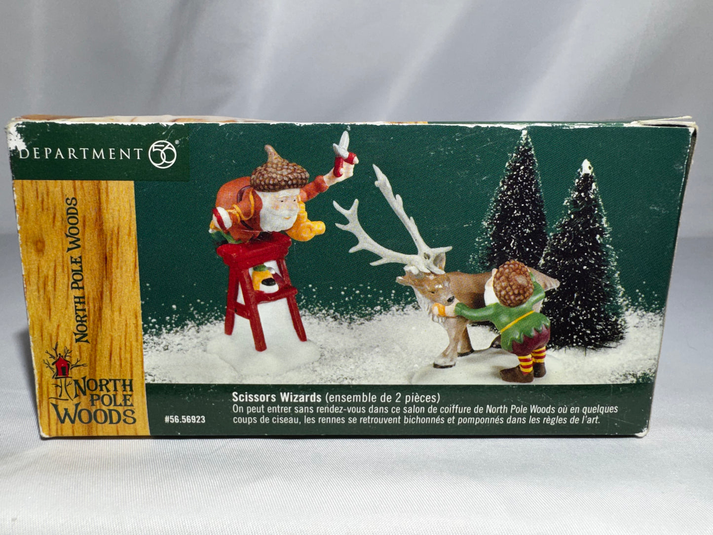 Department 56 North Pole Woods “Scissors Wizards” Elf Grooming Reindeer Set #56.56923 Retired w/ Box