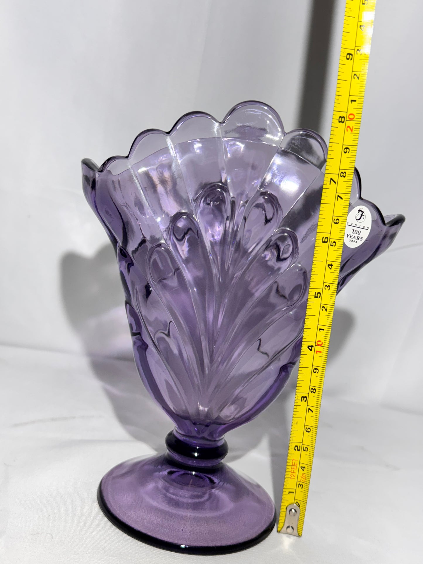 Fenton Purple Amethyst Fan Vase – 100 Years Anniversary 2005 – Original Sticker – 8” Tall