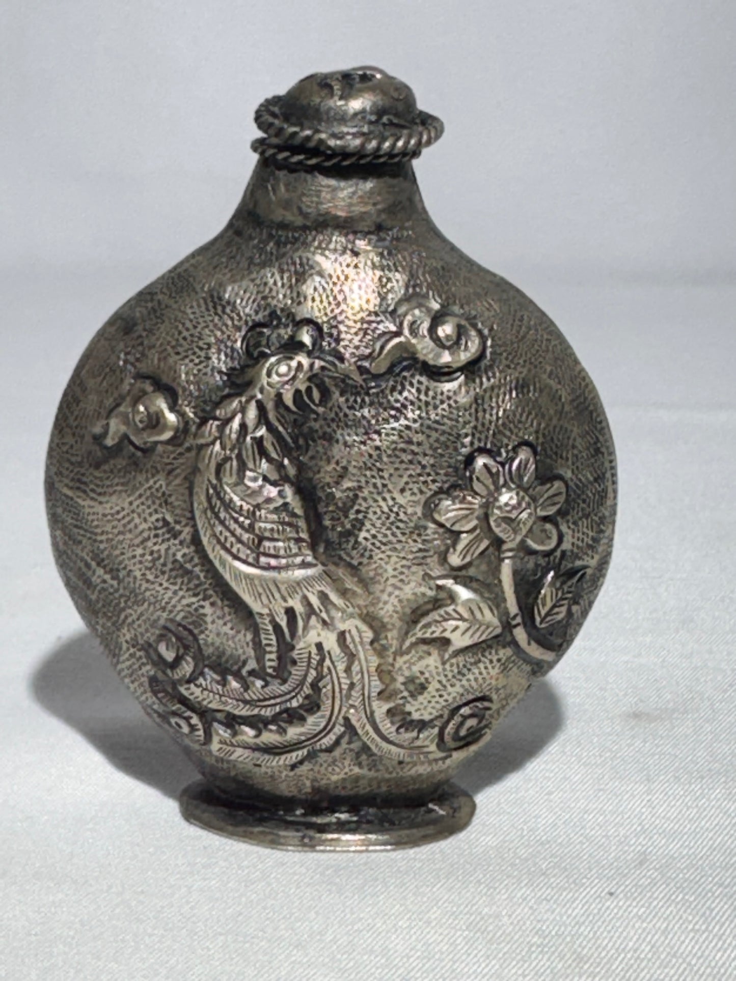 Antique Chinese Snuff Bottle – Repoussé Phoenix & Floral Motif – Hammered Metal Design