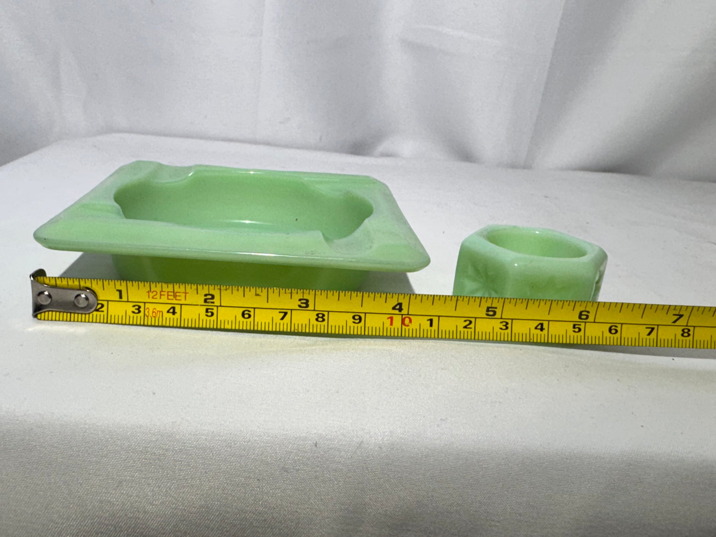 Vintage Jadeite Glass Ashtray Set – Fire-King & Hexagonal Floral Piece