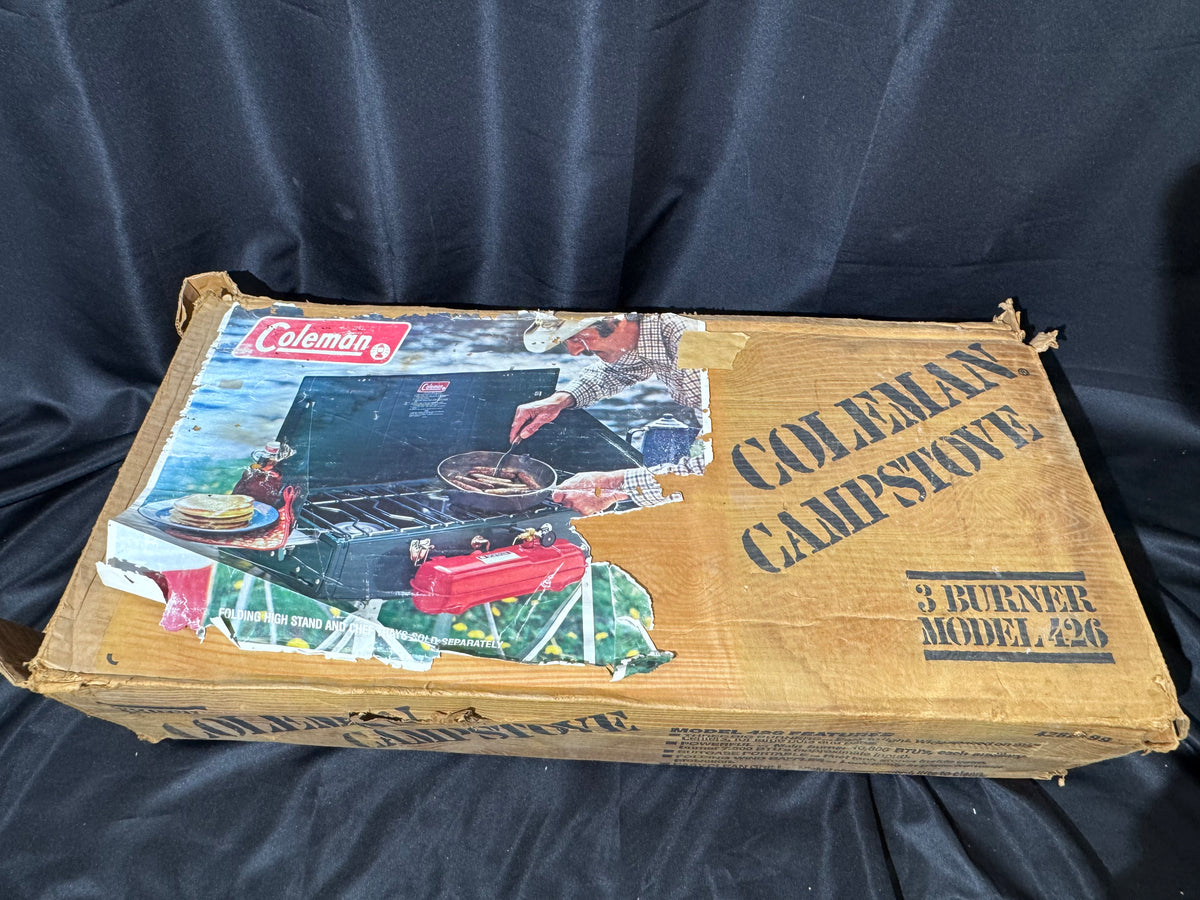 Vintage Coleman Model 426E 3-Burner Liquid-Fuel Camp Stove 1983 with Original Box