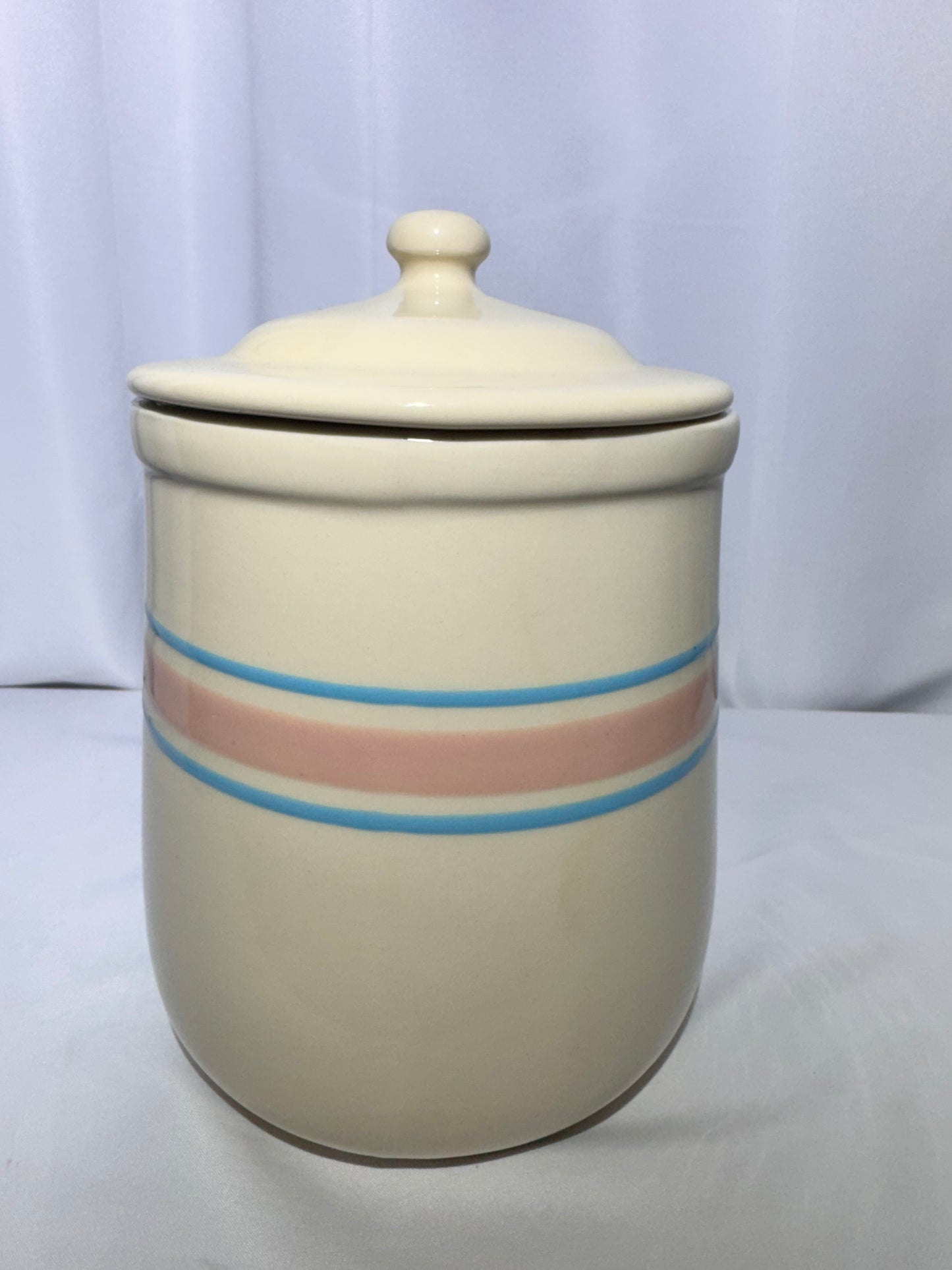 Vintage McCoy Pottery Canister / Cookie Jar – Cream with Pink & Blue Stripes – USA