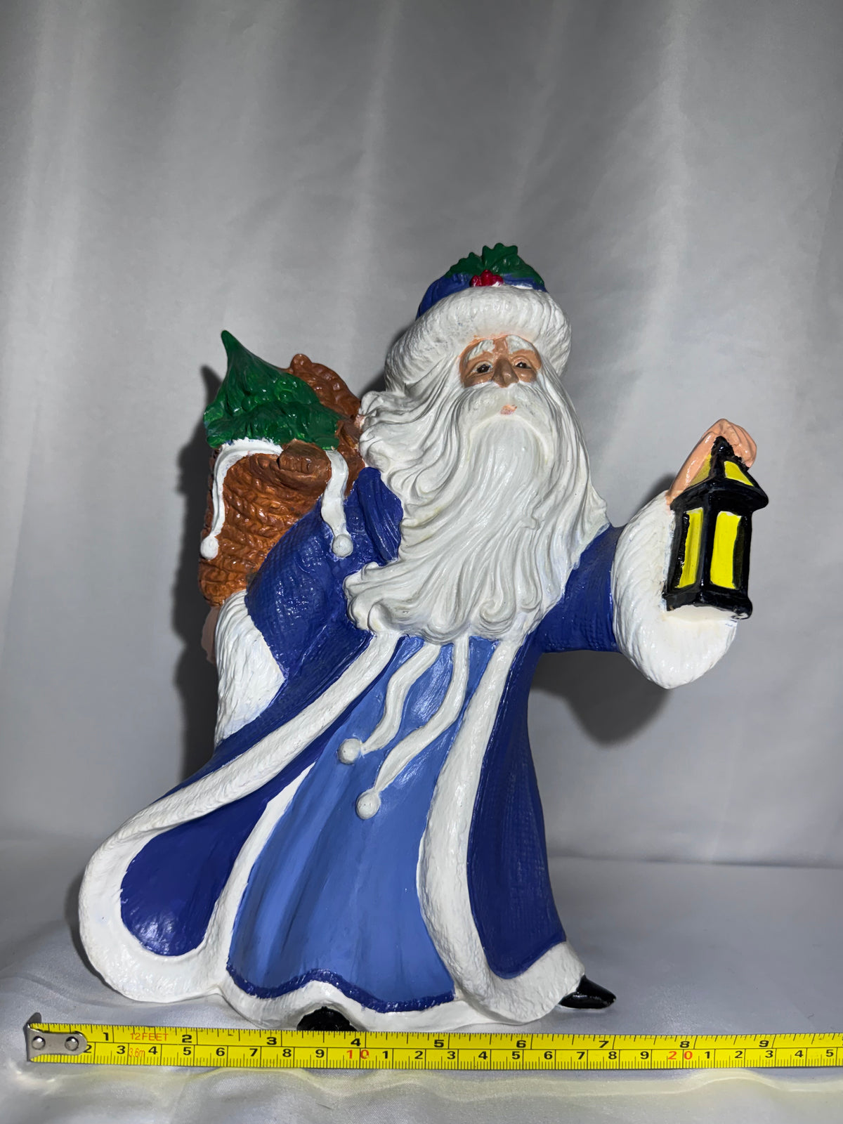 Old World Santa Claus Figurine 10.5” Hand Painted Ceramic Blue White Robe Lantern